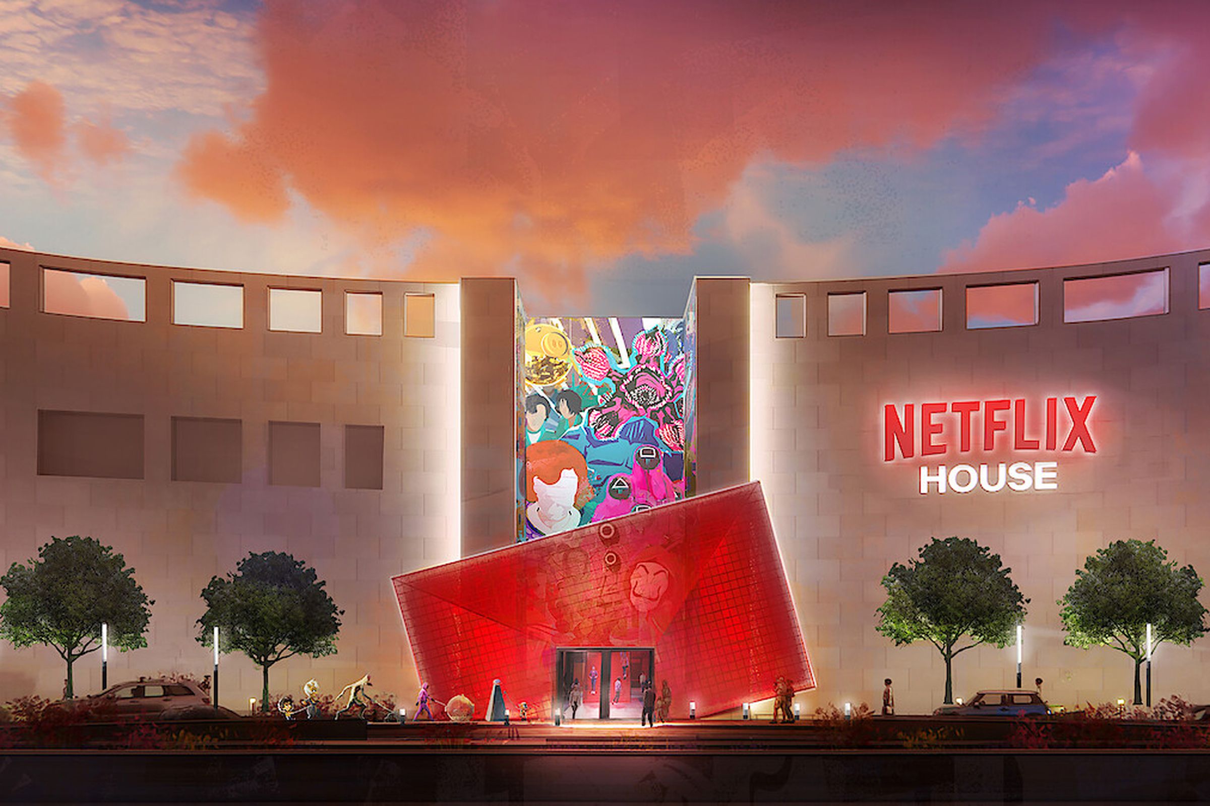 An artist’s conceptual illustration of a Netflix House building at dusk.