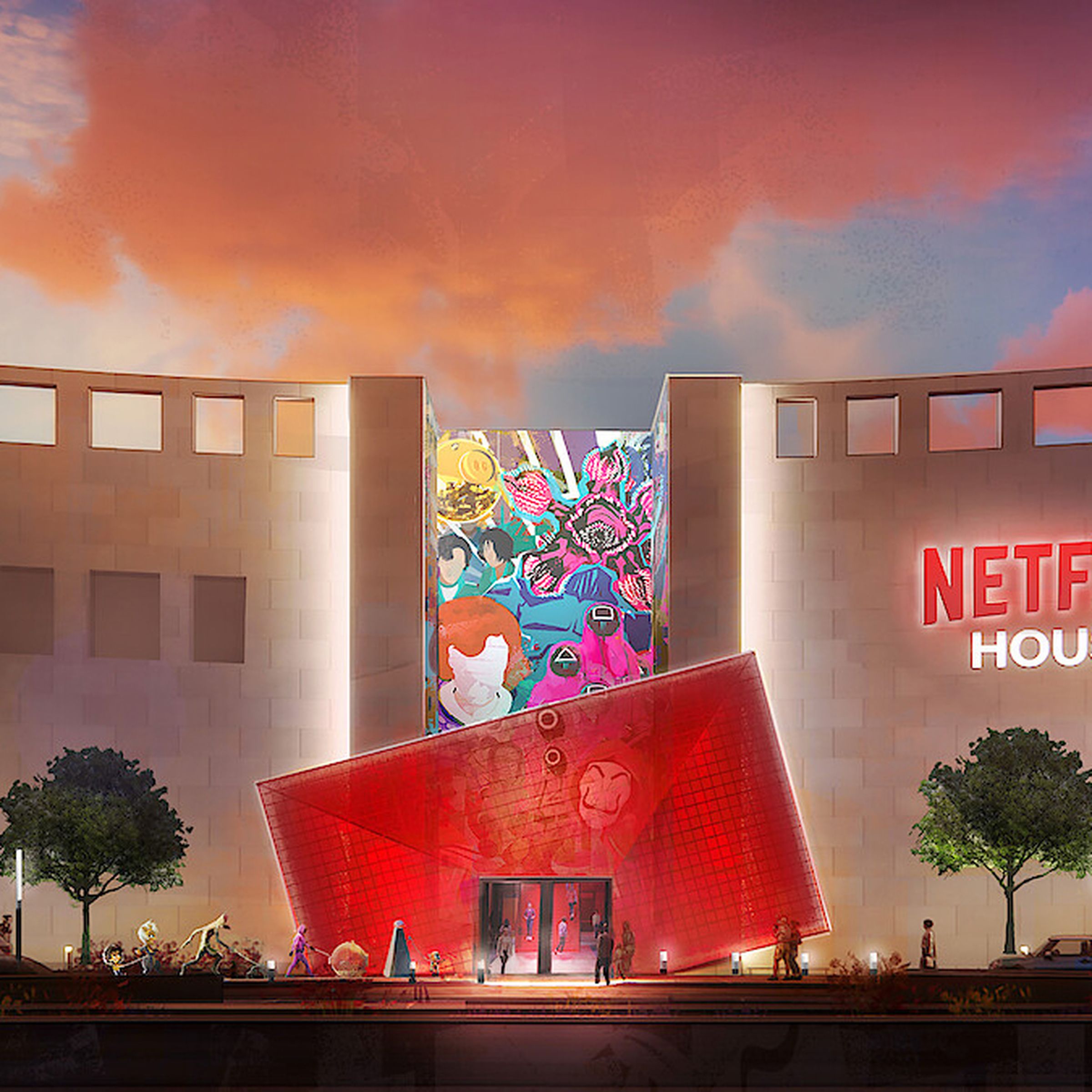 An artist’s conceptual illustration of a Netflix House building at dusk.