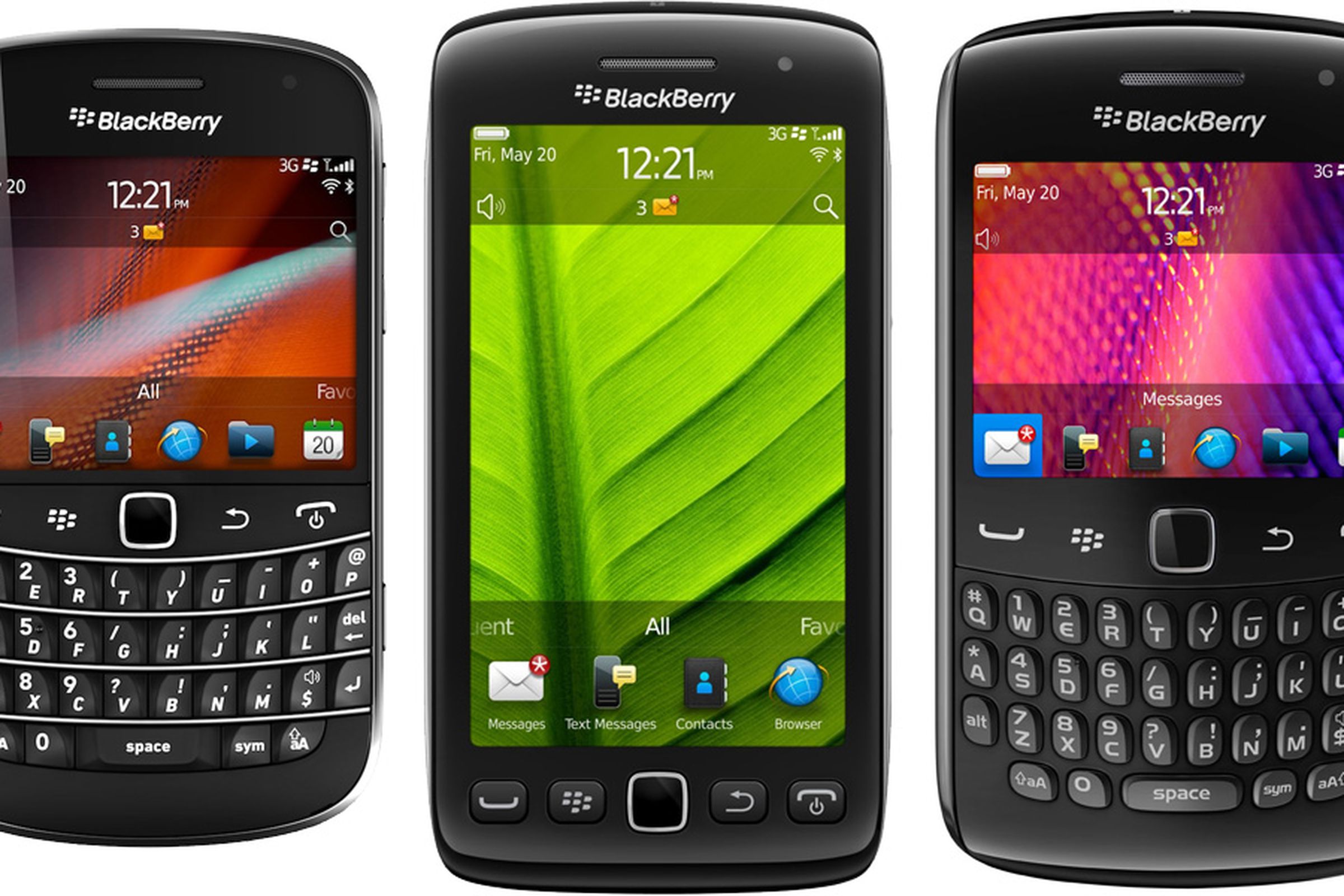BlackBerry Bold 9900, Torch 9860, and Curve 9360
