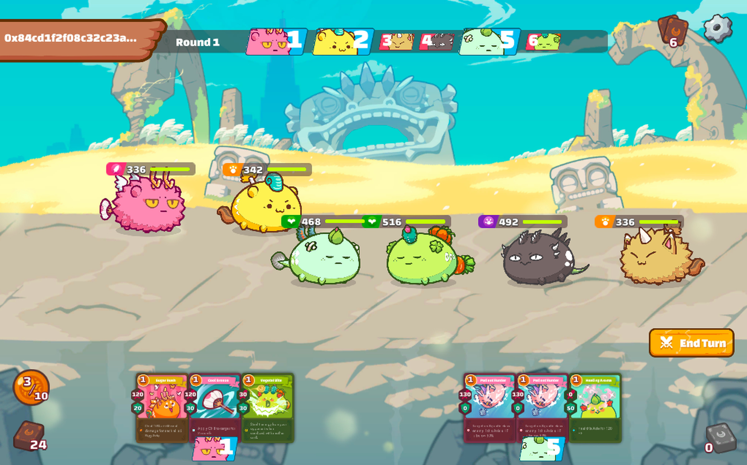 A player-versus-player match in Axie Infinity.