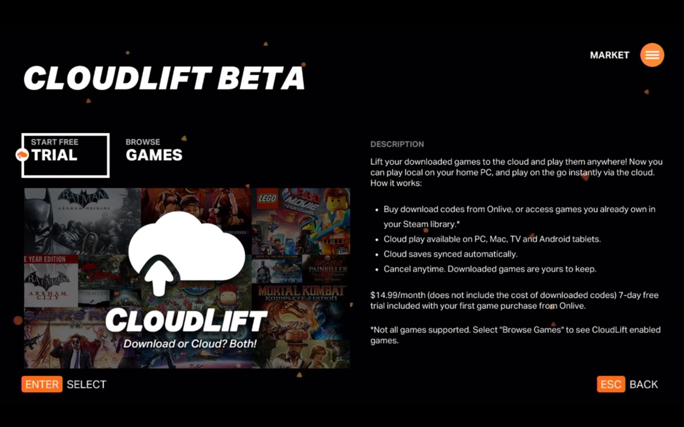OnLive's new interface and Cloudlift-supported games