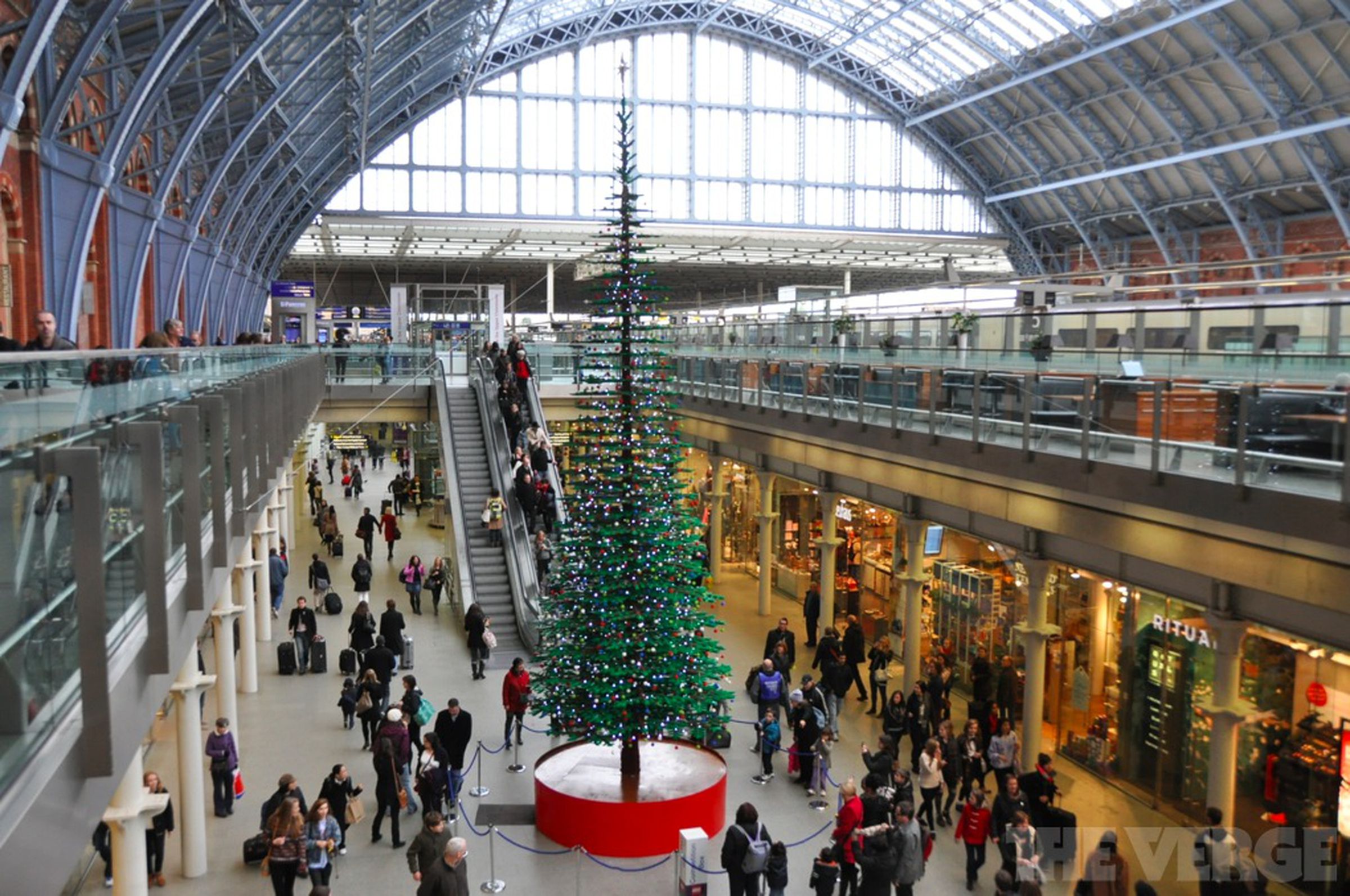 Lego Christmas tree inside London's St Pancras Station