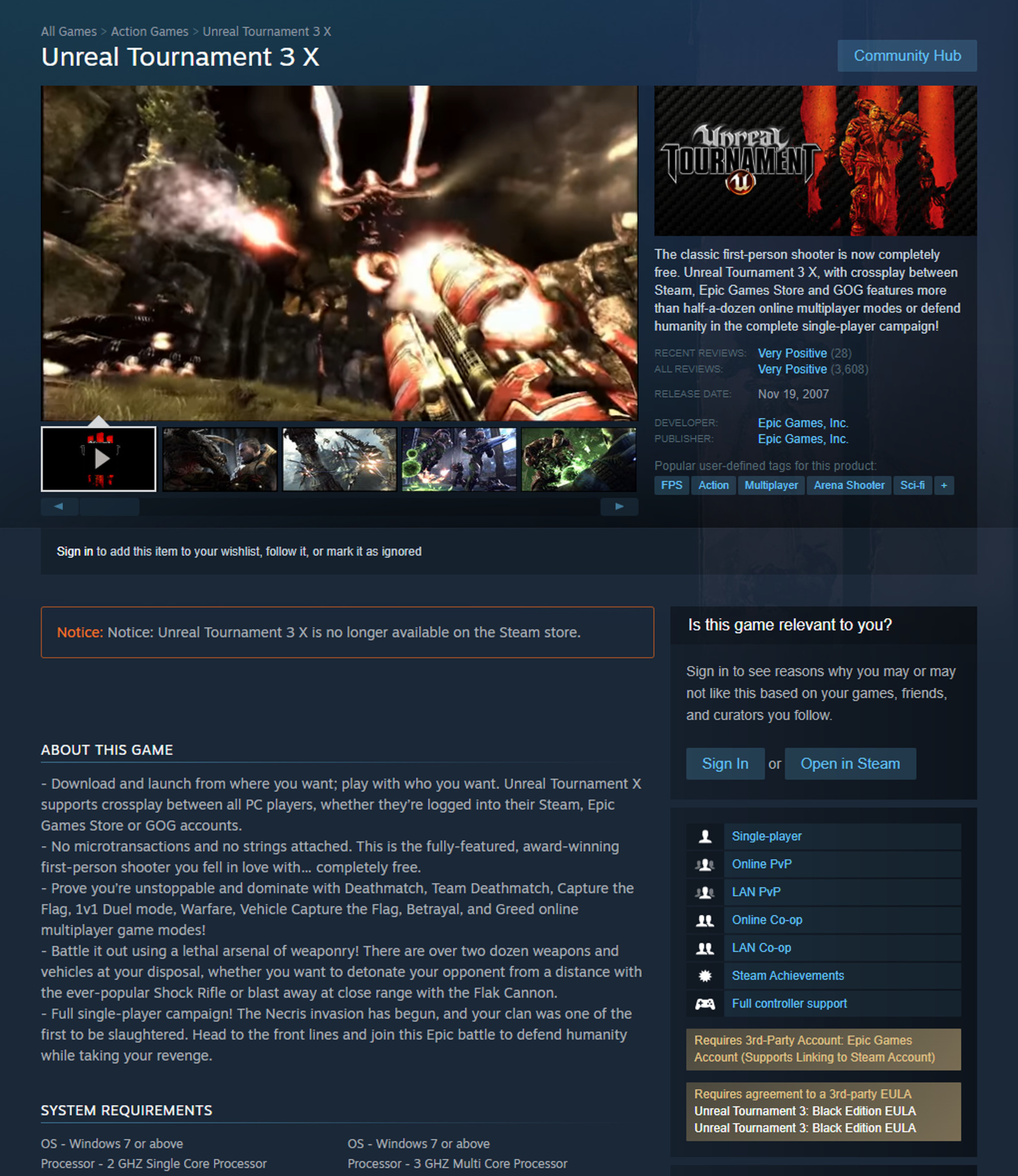 The Unreal Tournament 3 X page on Steam. Tap here to open a larger image.