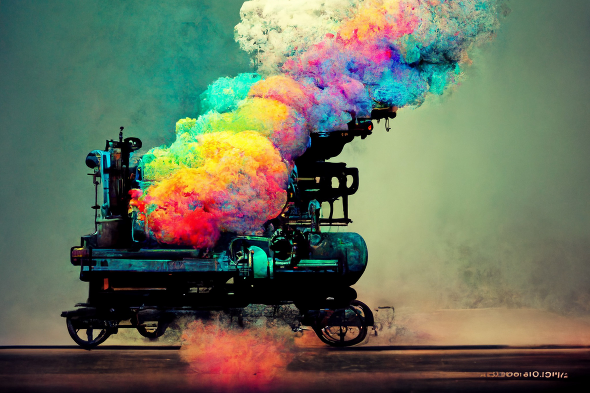 An AI-generated image was made with the following prompt: “A robot steam engine, barreling down the tracks at terrific speed, emitting clouds of colorful smoke.”