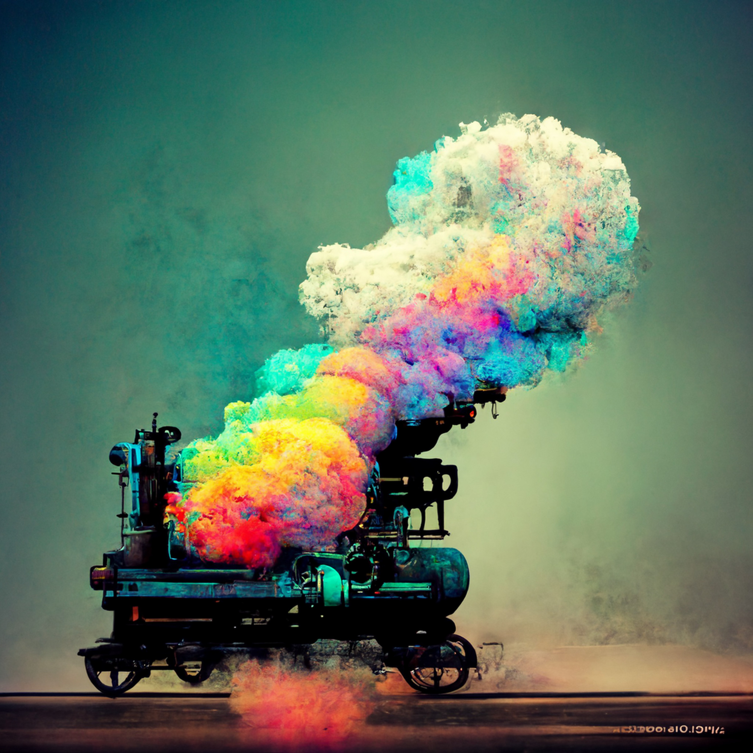 An AI-generated image was made with the following prompt: “A robot steam engine, barreling down the tracks at terrific speed, emitting clouds of colorful smoke.”