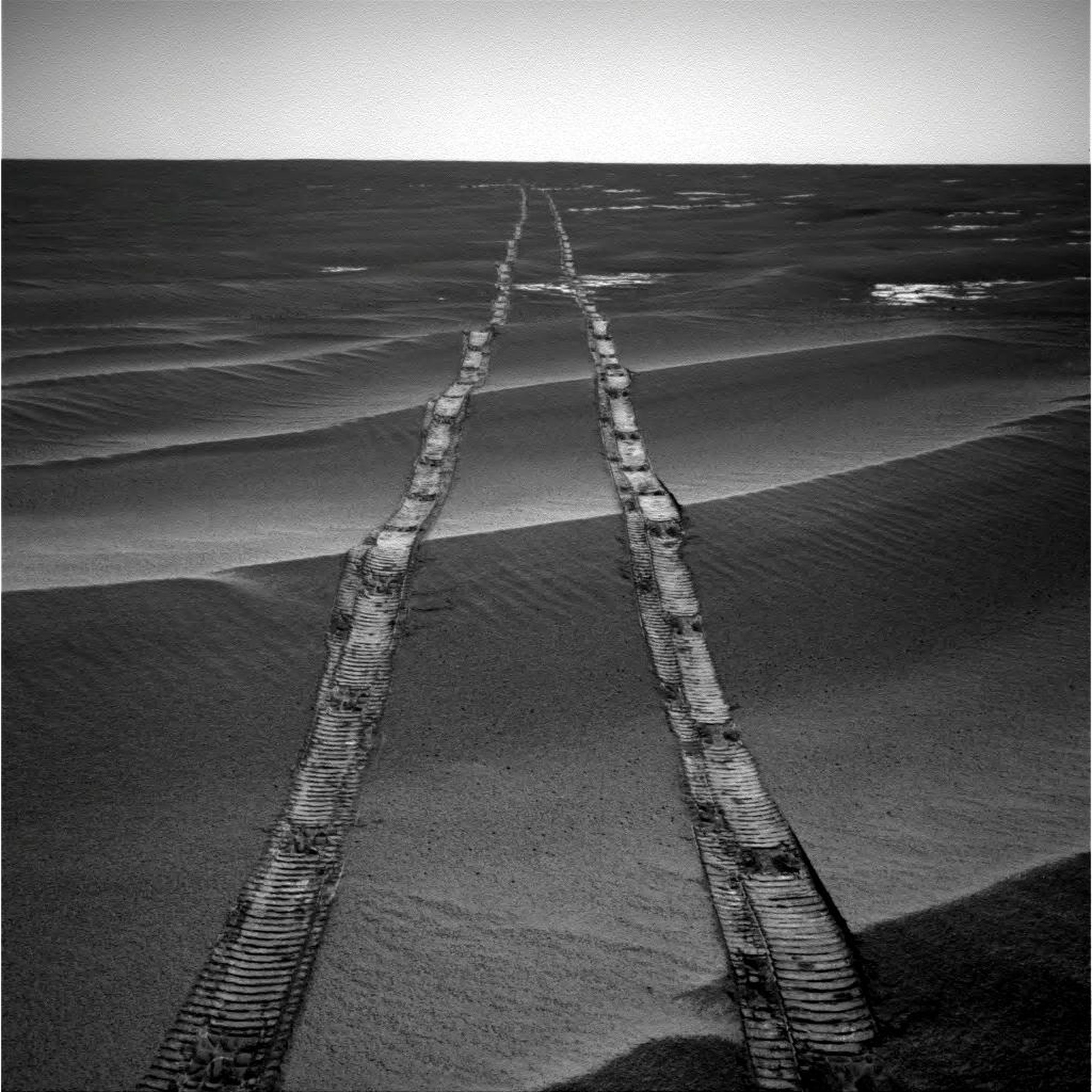 In this 2010 picture, Opportunity is about six years into its originally slated 90-day mission. Its navigation camera captured a snippet of its already long trek across the landscape. It would keep going on its journey for another eight years.