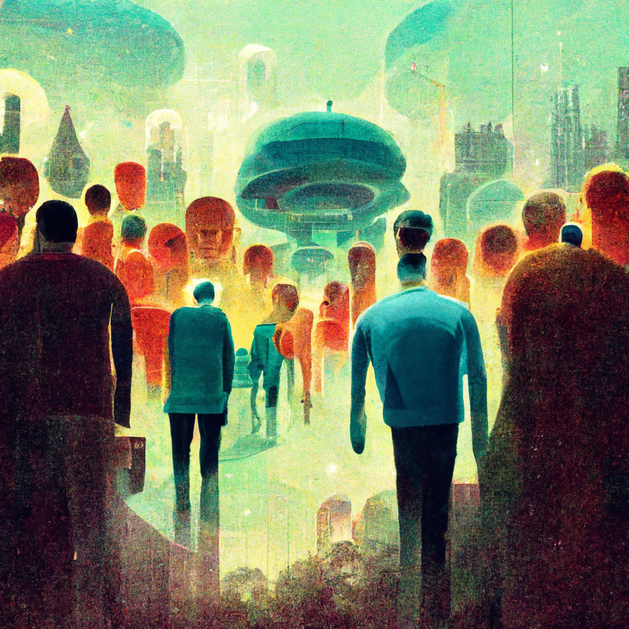 Prompt: “A community of a million humans, their imagination augmented by AI.”