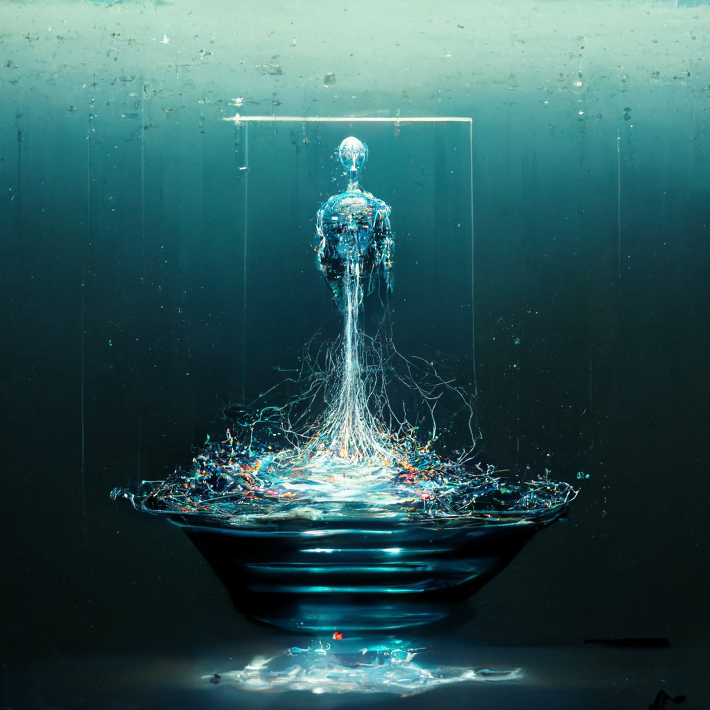 Prompt: “An abstract but detailed illustration depicting artificial intelligence as water: a powerful force that can be harnessed for good or evil.”