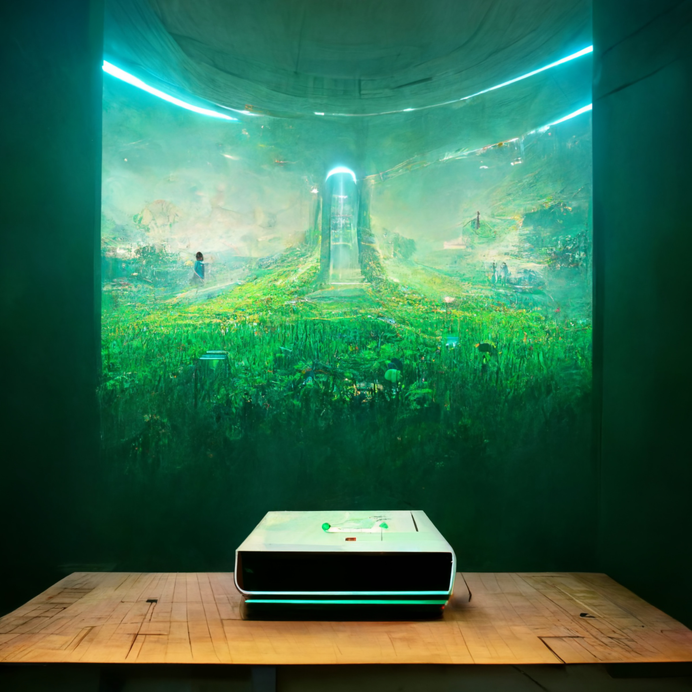 Prompt: “An Xbox with a giant AI processor and all the games are dreams.”