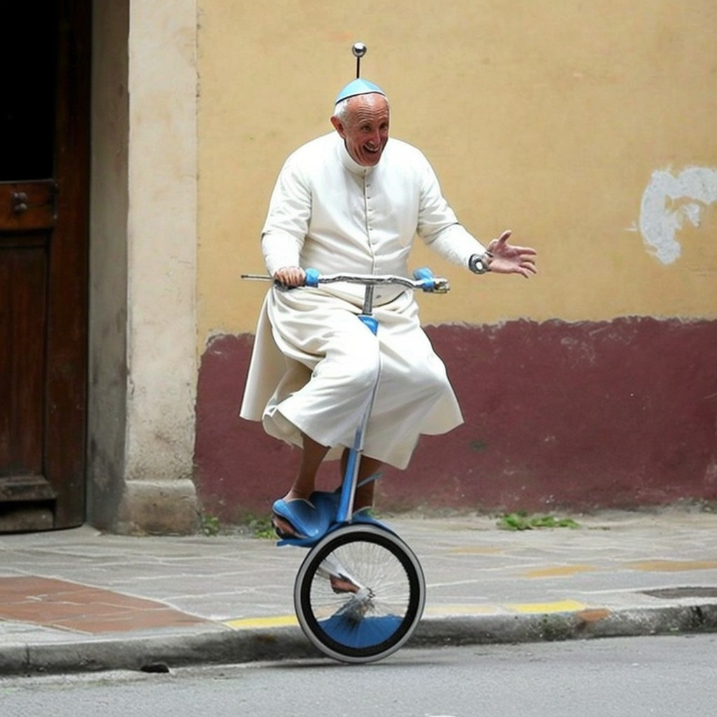 An AI generated image of the pope riding a badly rendered unicycle. 