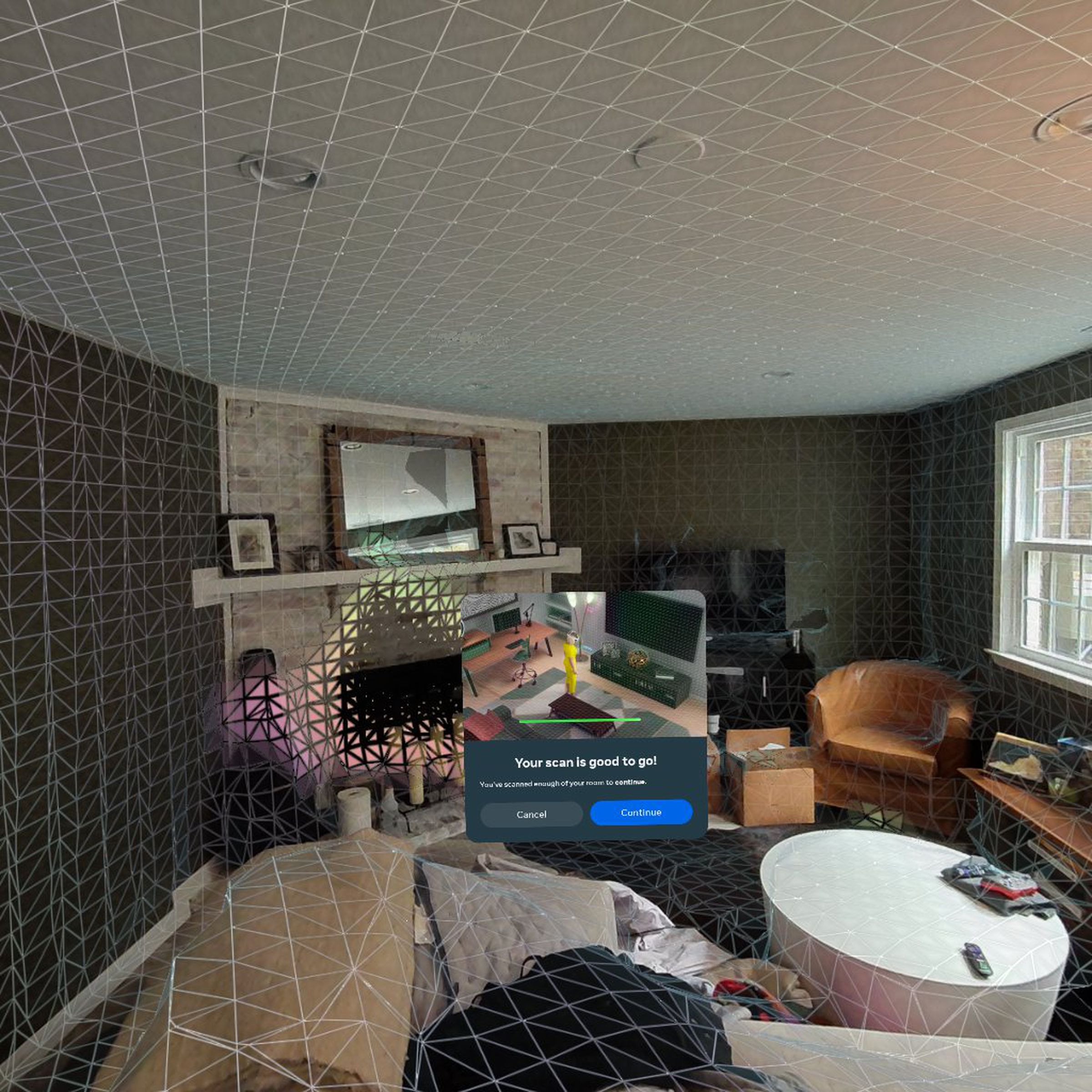 A screenshot of a scanned room in a Quest 3 headset.