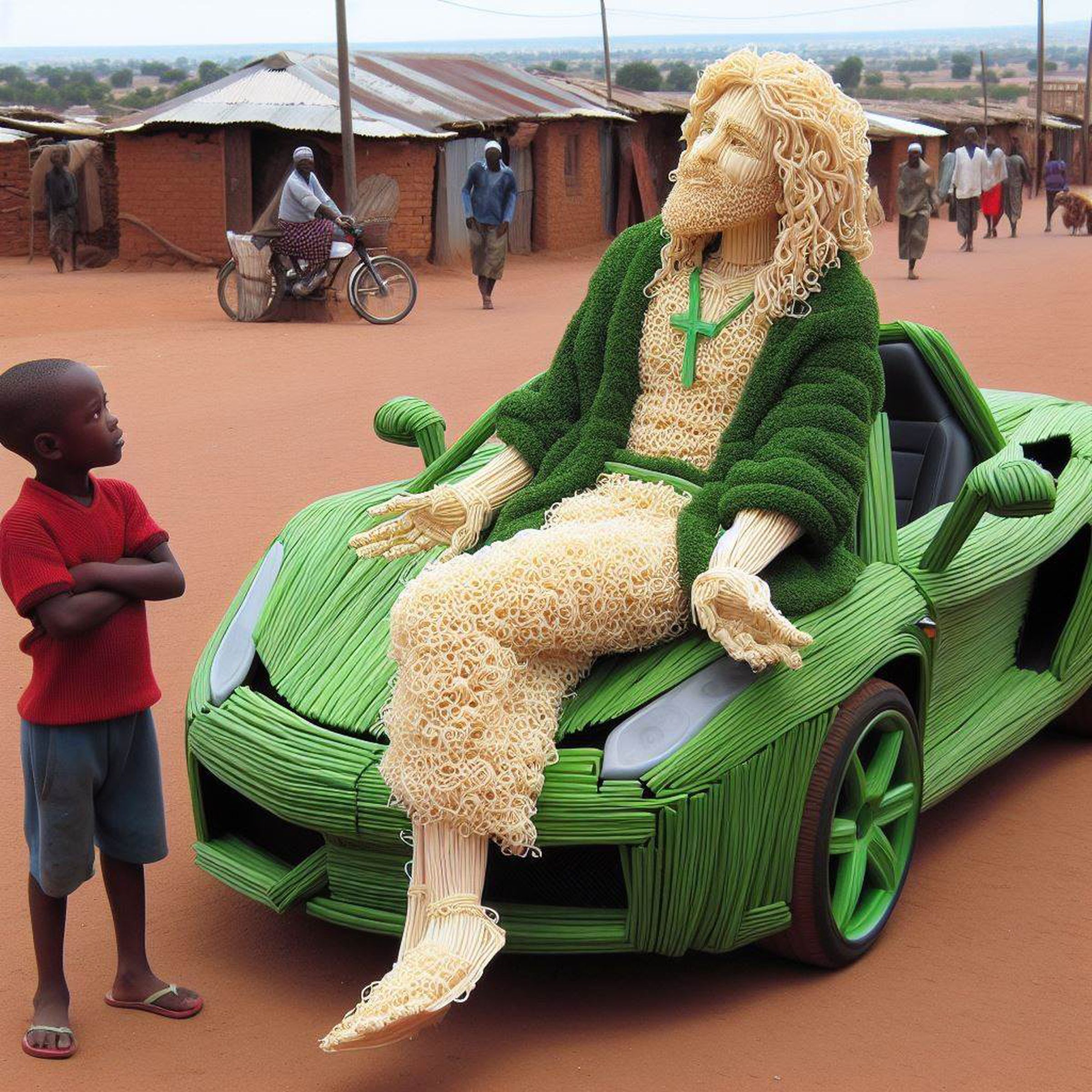 An AI generated image of Jesus made of spaghetti sitting on a Lambo made of green spaghetti. This description is accurate.