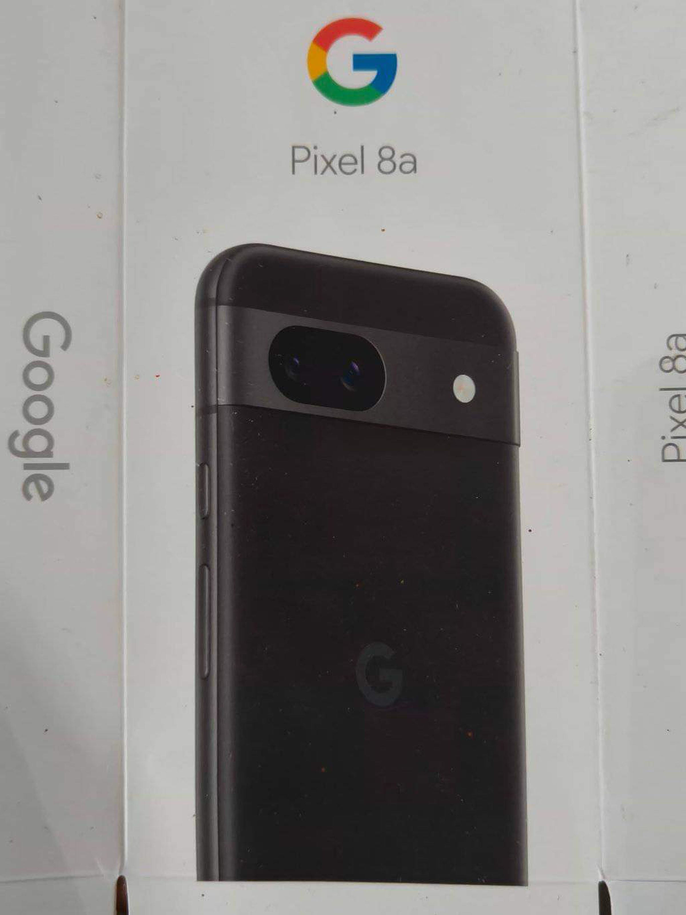 A picture of purported retail packaging for a black Pixel 8a.
