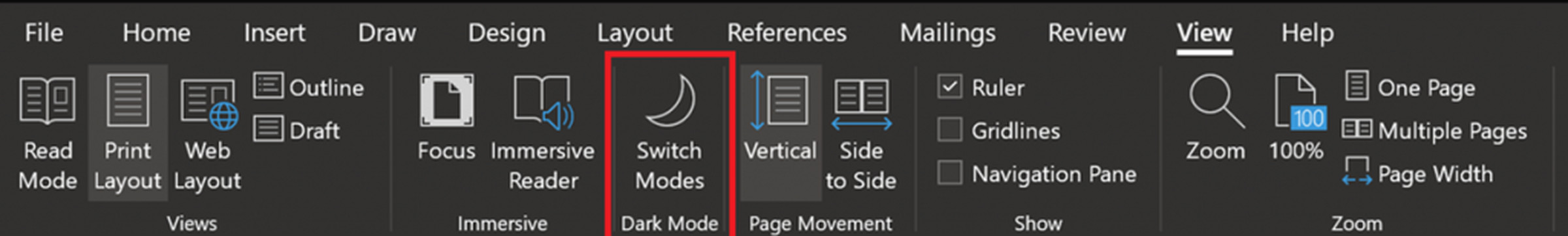 Word will get a new switch mode button for its darker canvas.