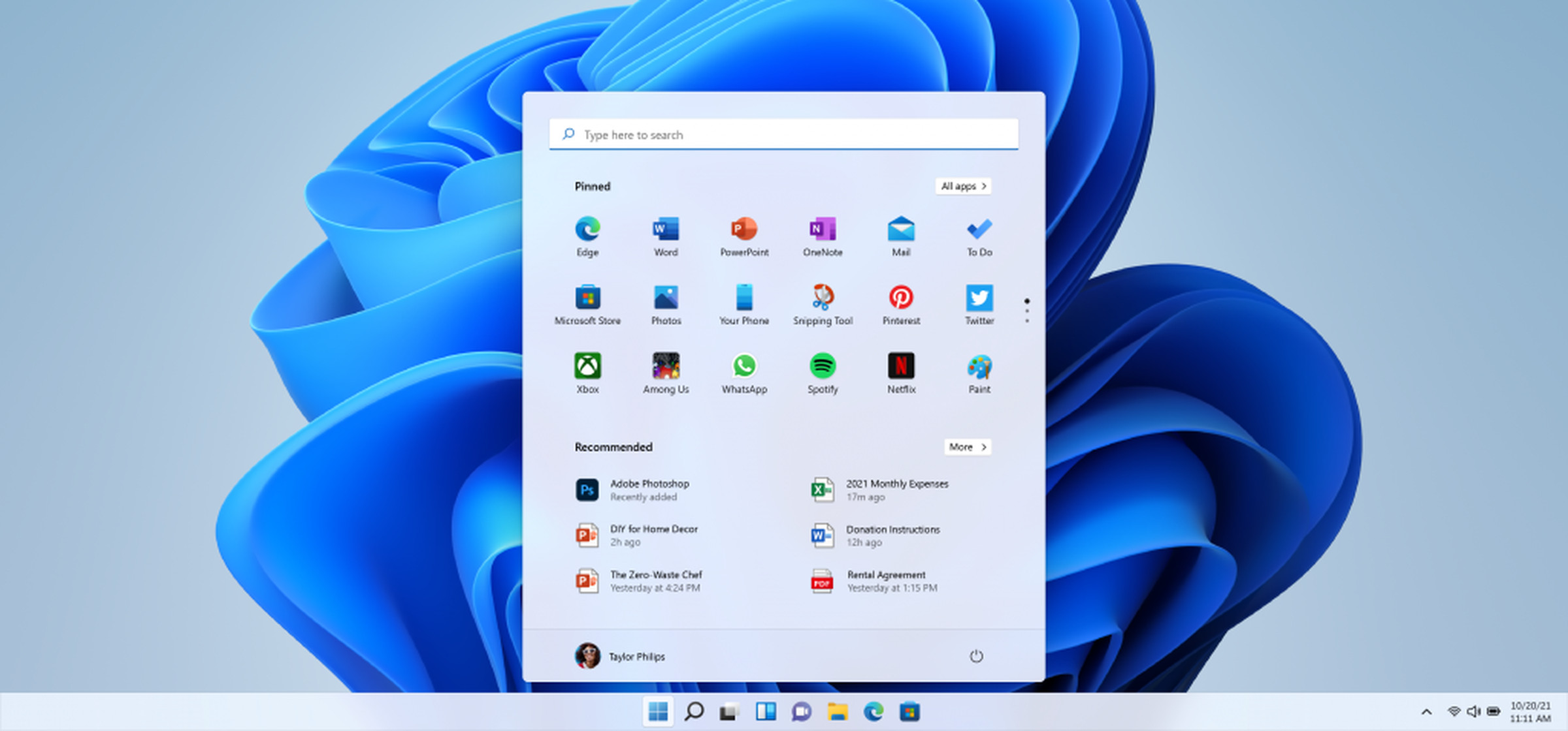 The Windows 11 Start menu.