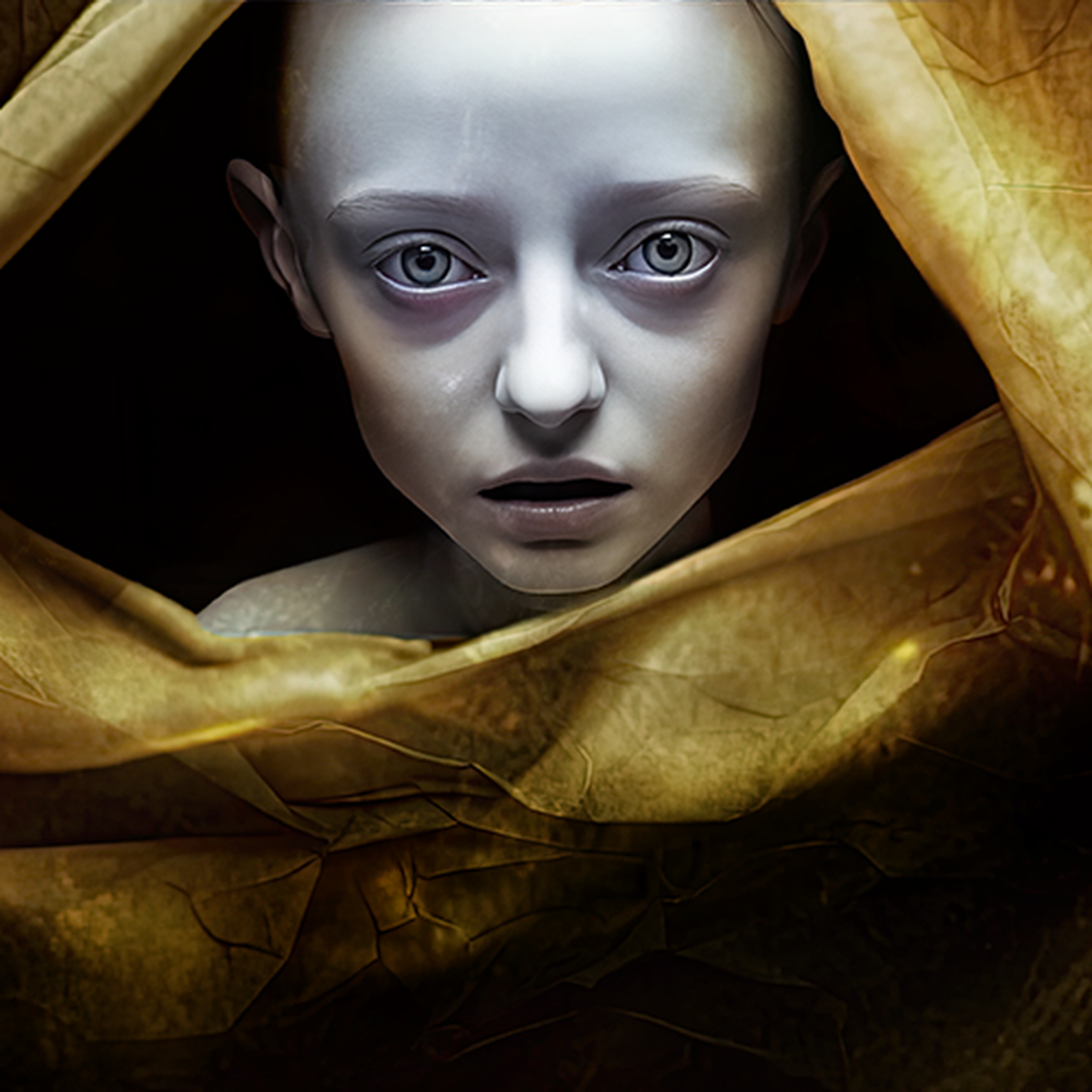 An eerie, child-like figure with gray skin partially hidden behind gold fabric.