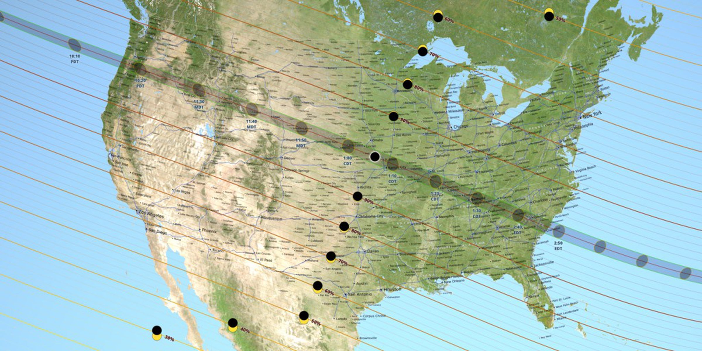 The path of the total solar eclipse.