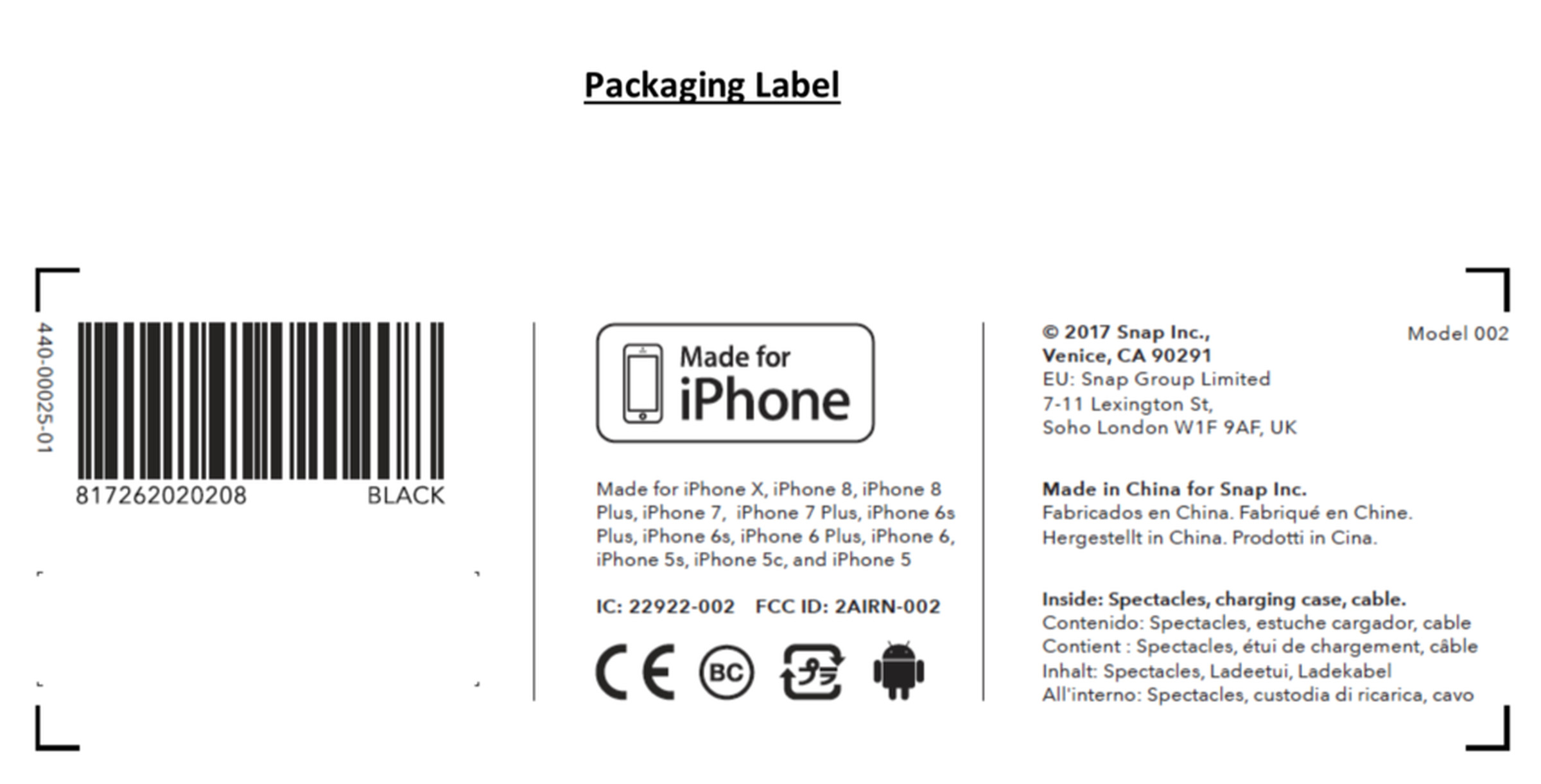 Packing label discovered in FCC documents showing Model 002.