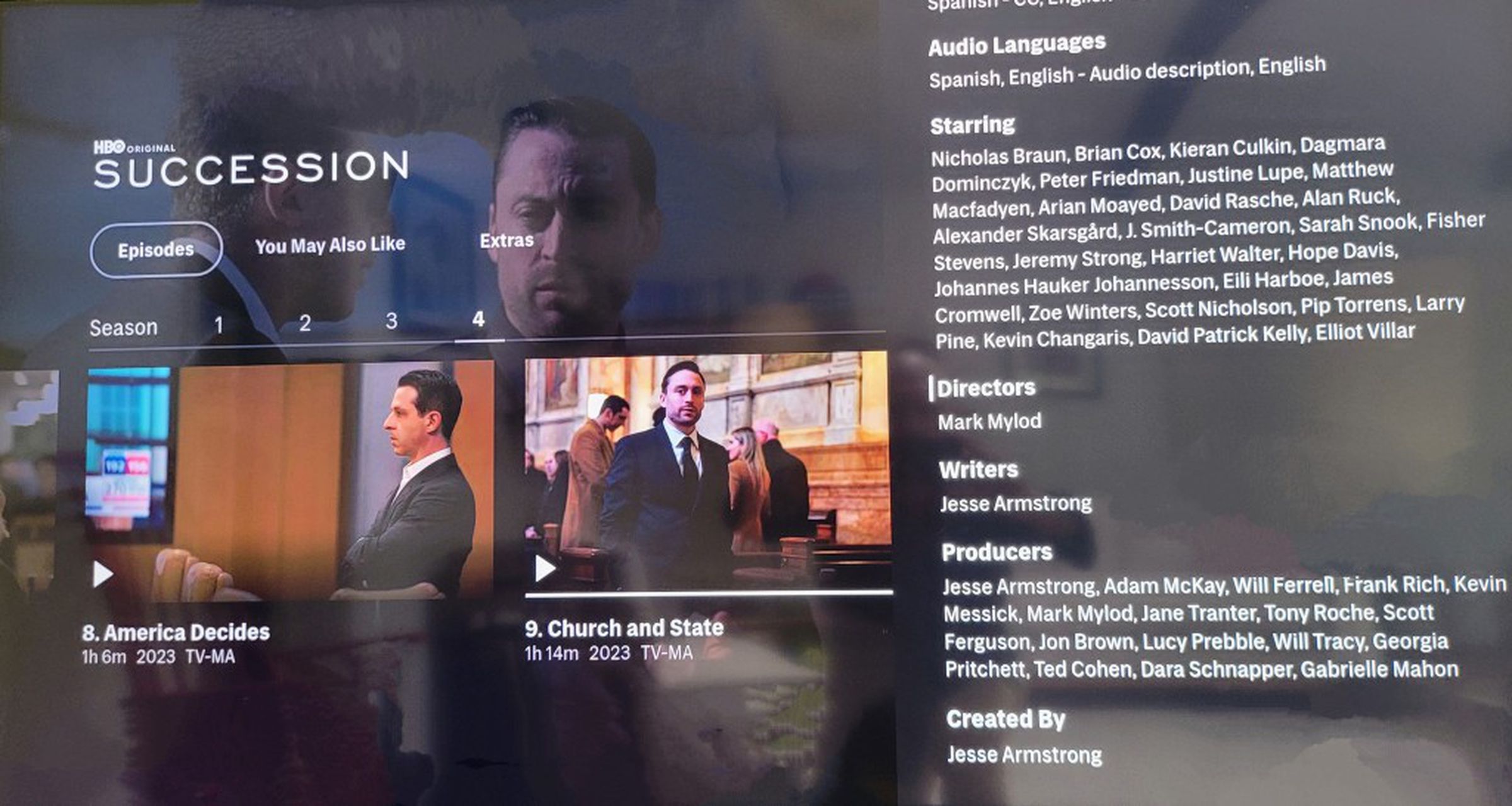 A screenshot taken of the Succession tv show credits on the Max streaming platform.