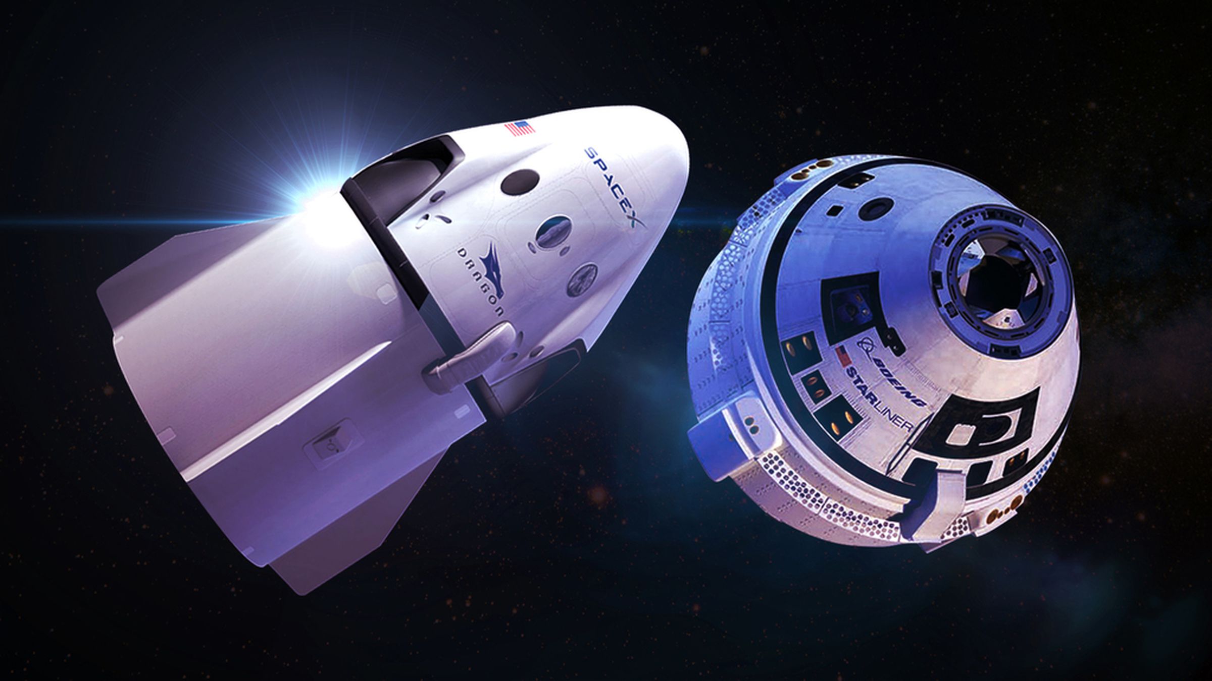 Artistic renderings of the capsules SpaceX and Boeing are developing to send astronauts to space