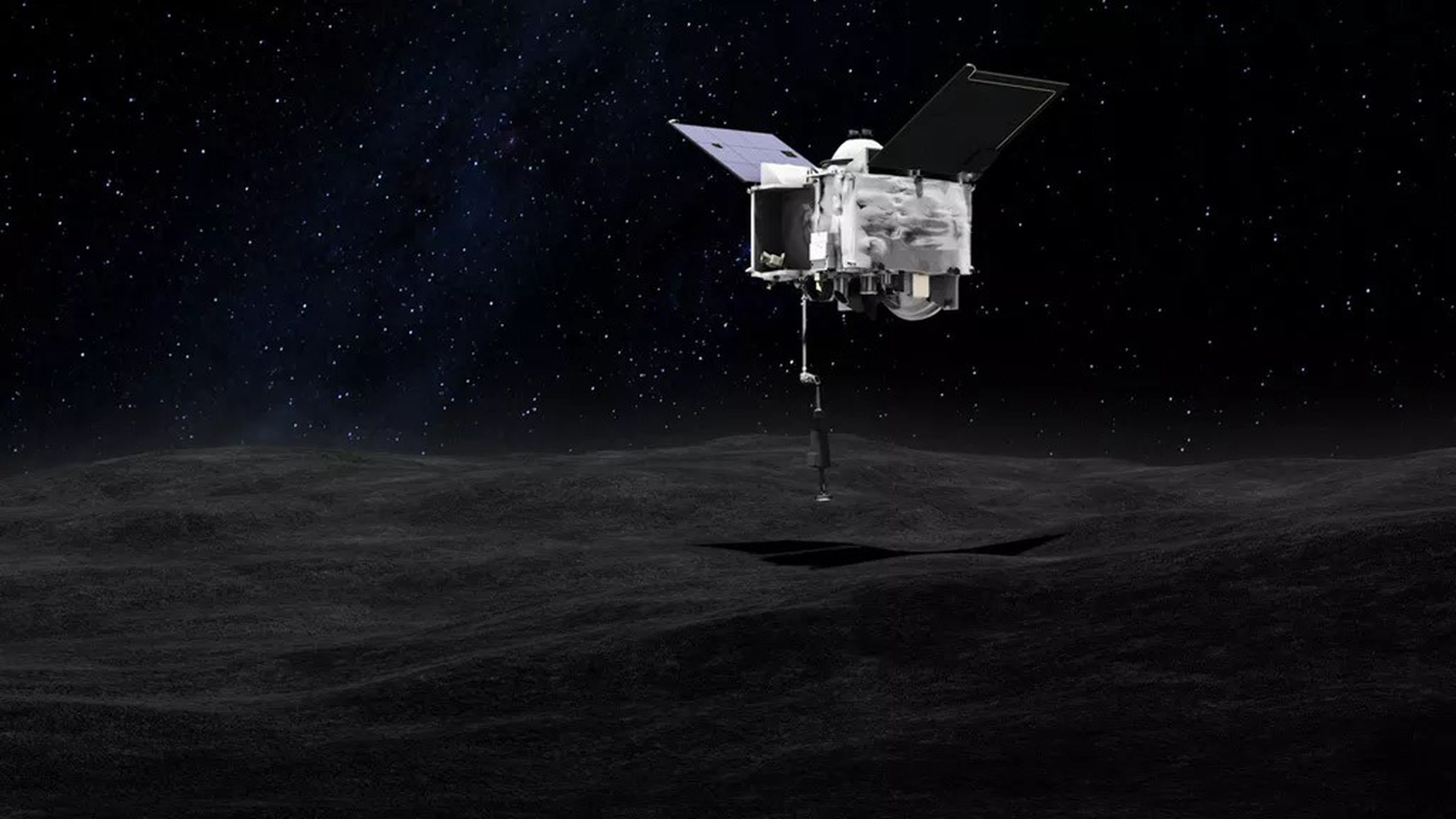 An artistic rendering of OSIRIS-REx taking a sample of the asteroid Bennu.
