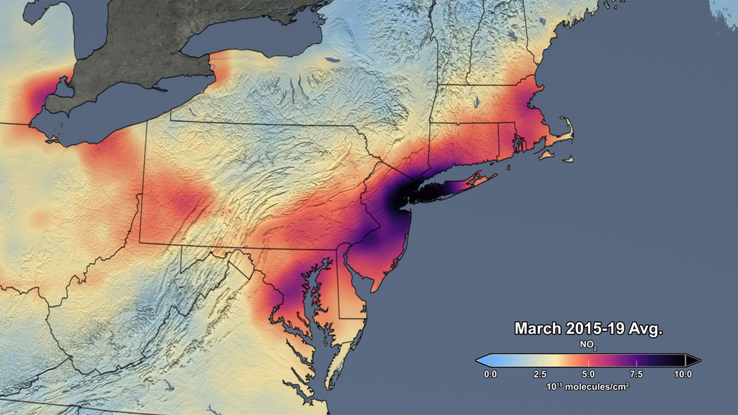 Tropospheric NO2 Column, March 2015-2019 Average, Northeast USA