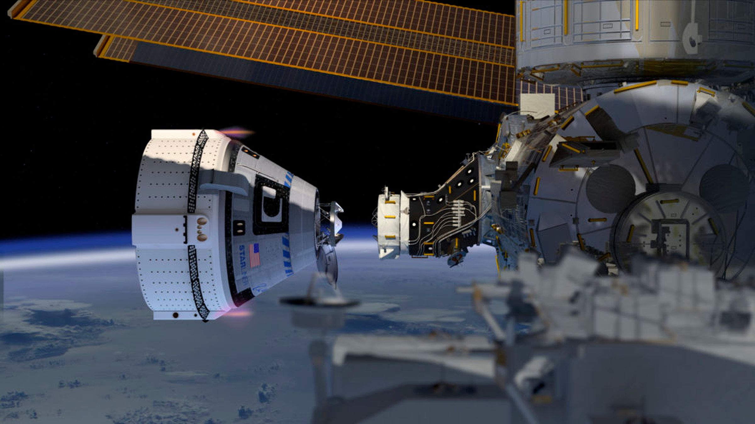An artistic rendering of Starliner docking with the International Space Station