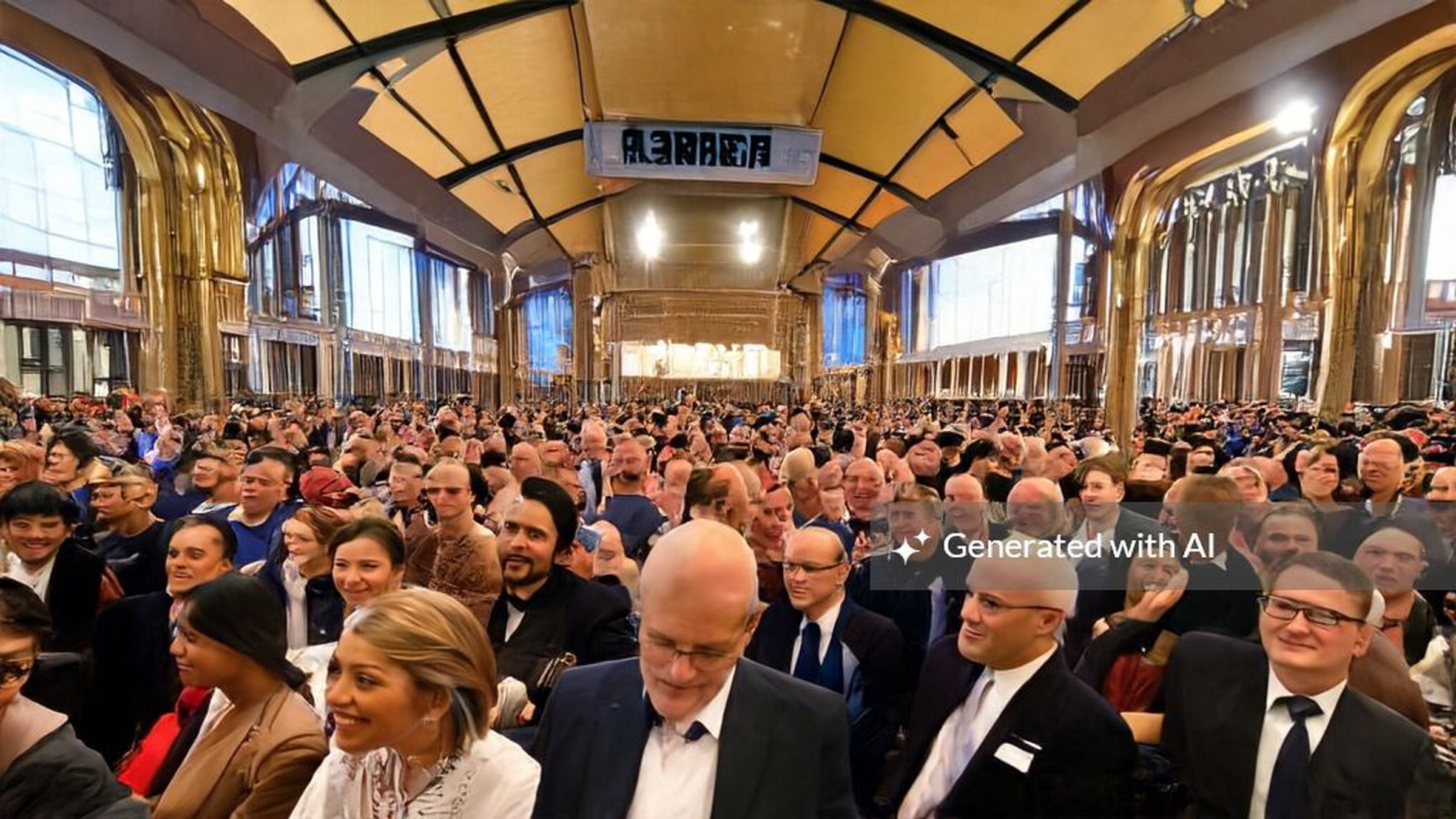 AI-generated image of a large crowd of well-dressed people sitting in a space looking more or less like a hotel ballroom.