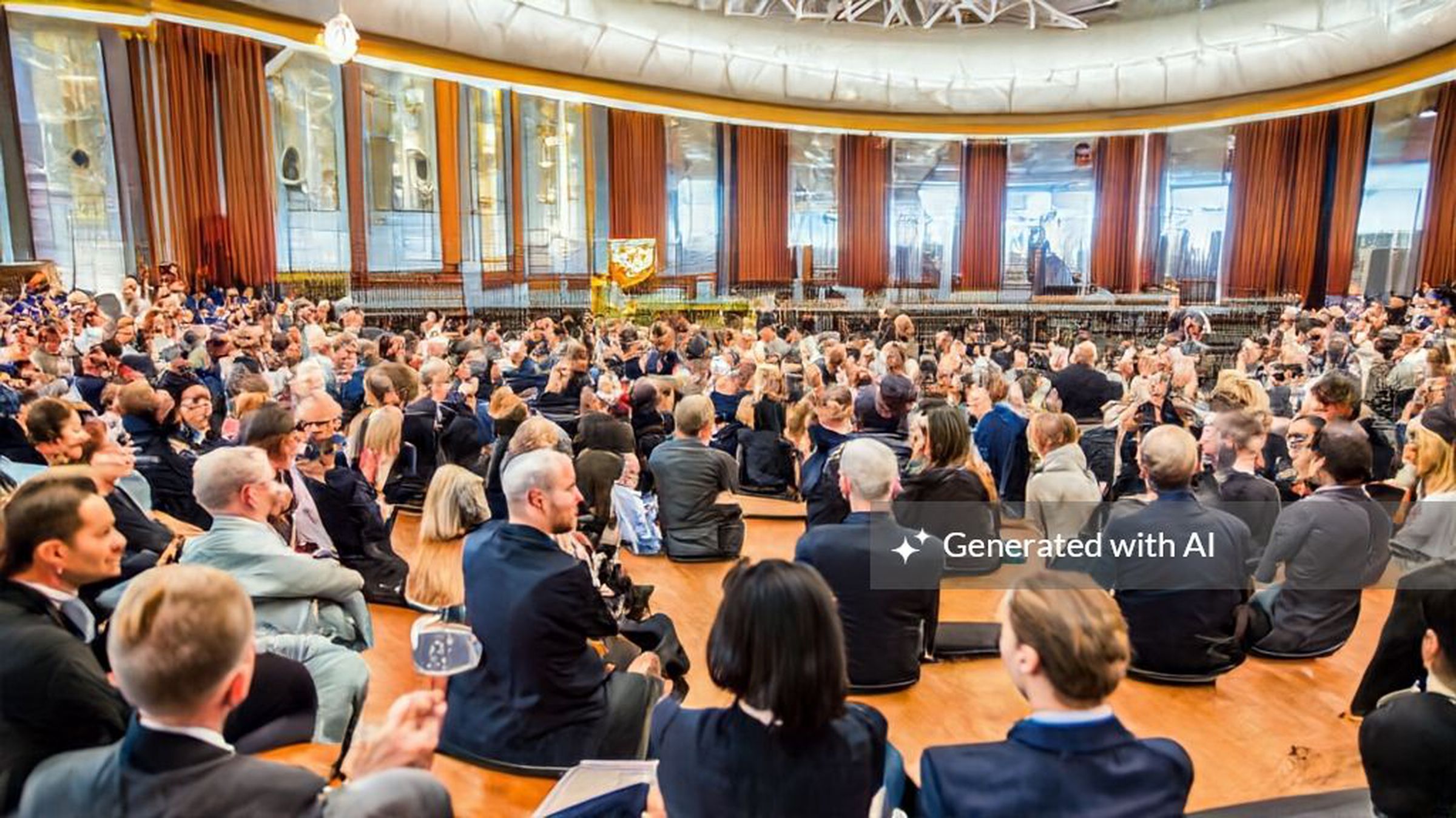 An AI-generated photo showing a large crowd of people in business suits sitting in a large circle on the wooden floor of a round ballroom.