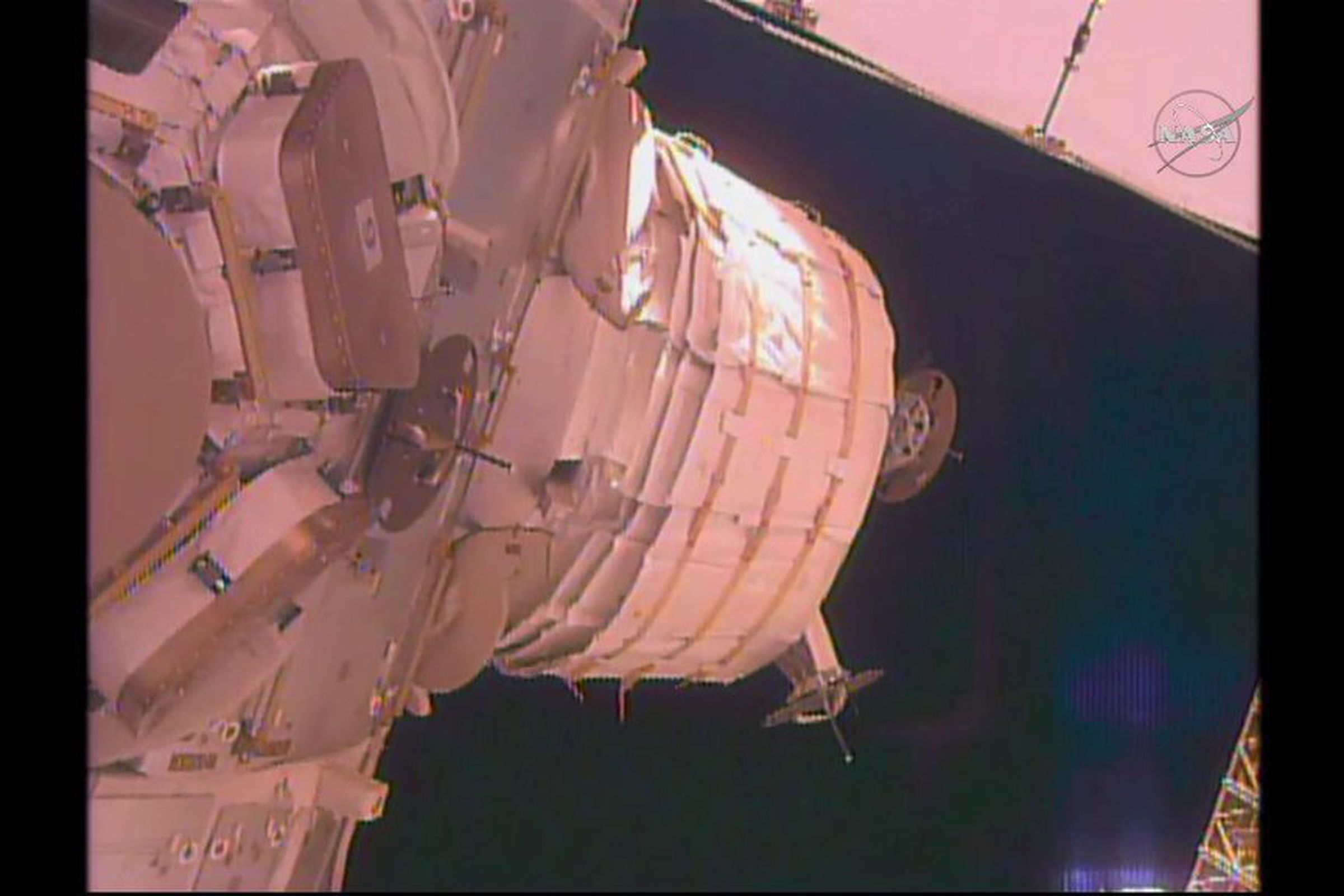The unexpanded BEAM is seen attached to the Tranquility module.
