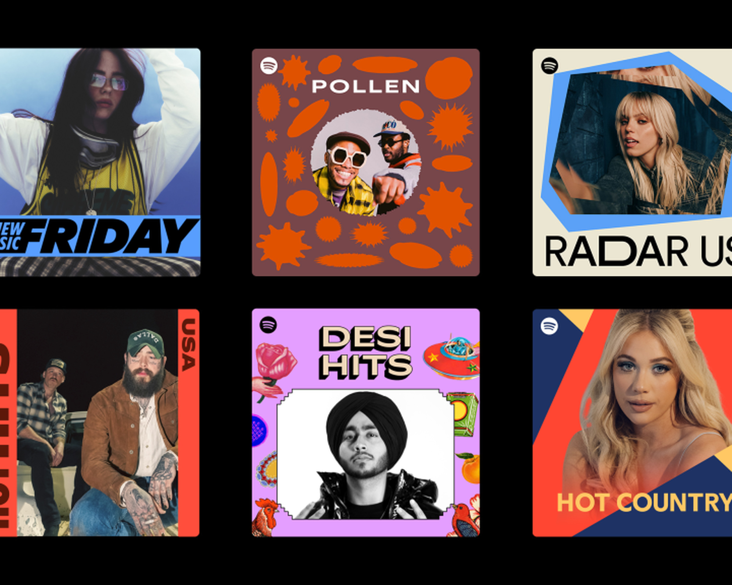 A promotion of Spotify’s new Spotify Mix typeface showing six different playlist covers.