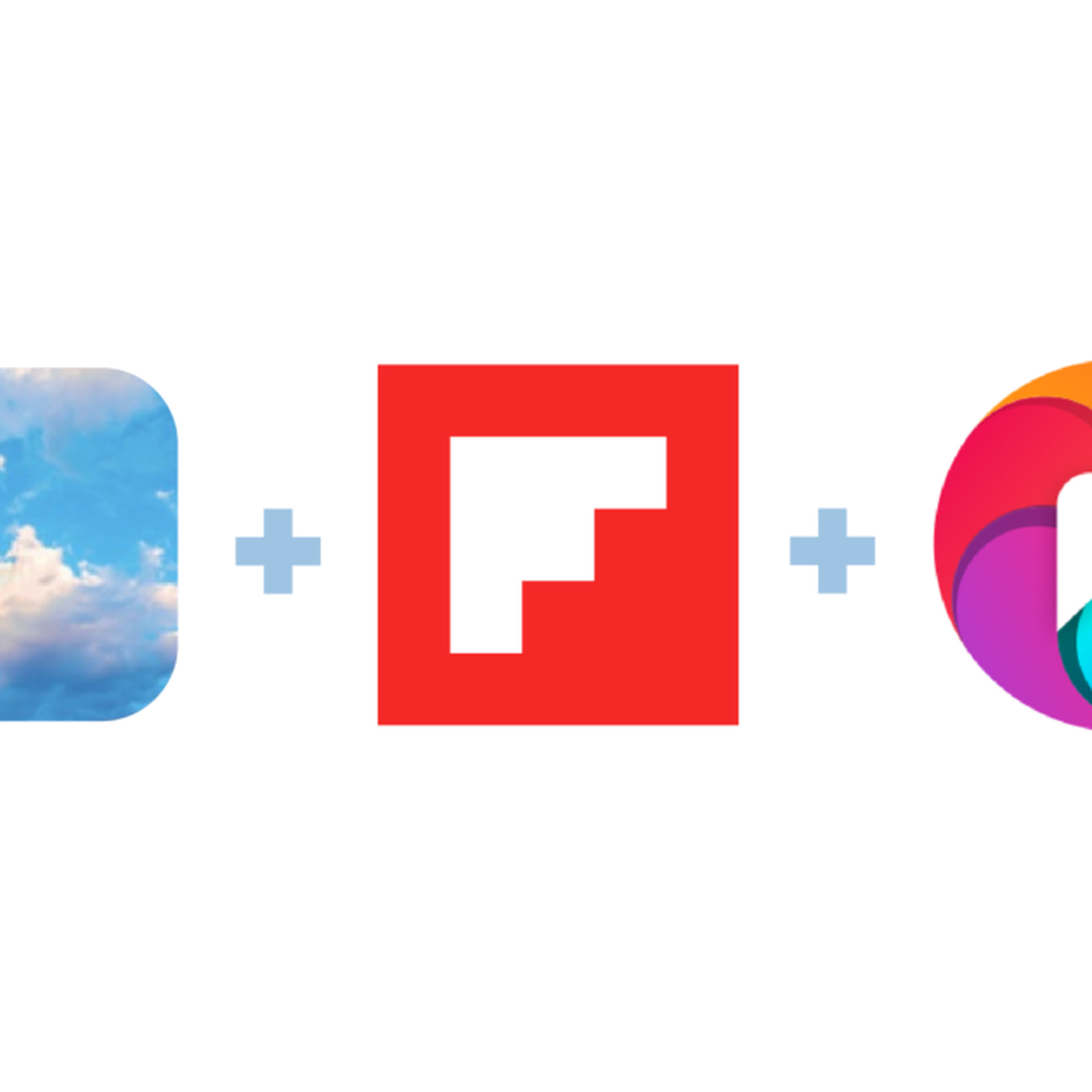 An image of the three icons for Bluesky, Flipboard, and Pixelfed, with plus signs between them.