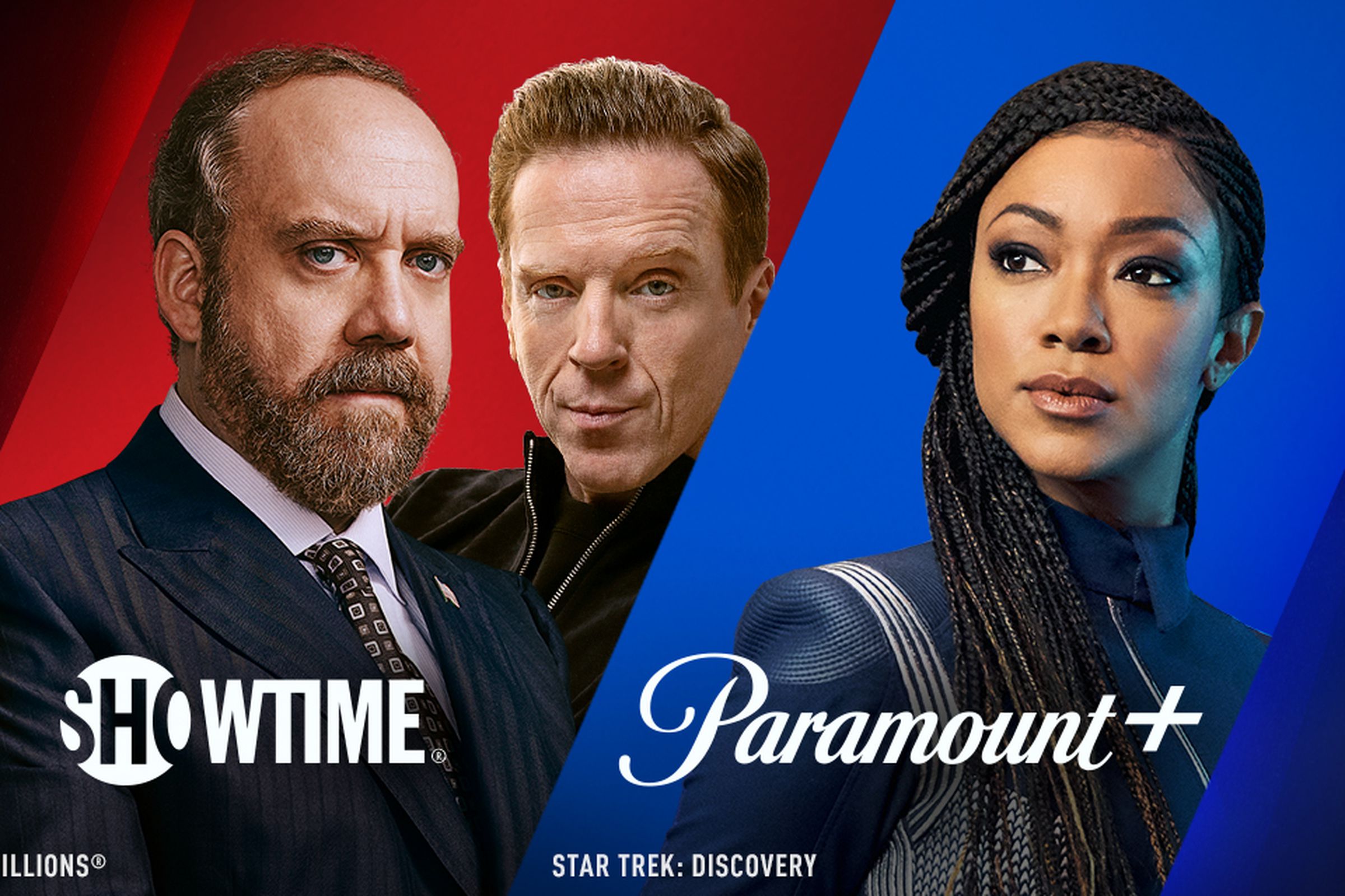 An image of two men from the Showtime show Billionaires with the Showtime logo beneath them on one side of the image. On the other side of the image is a character from Star Trek: Discovery with the Paramount Plus logo beneath her.