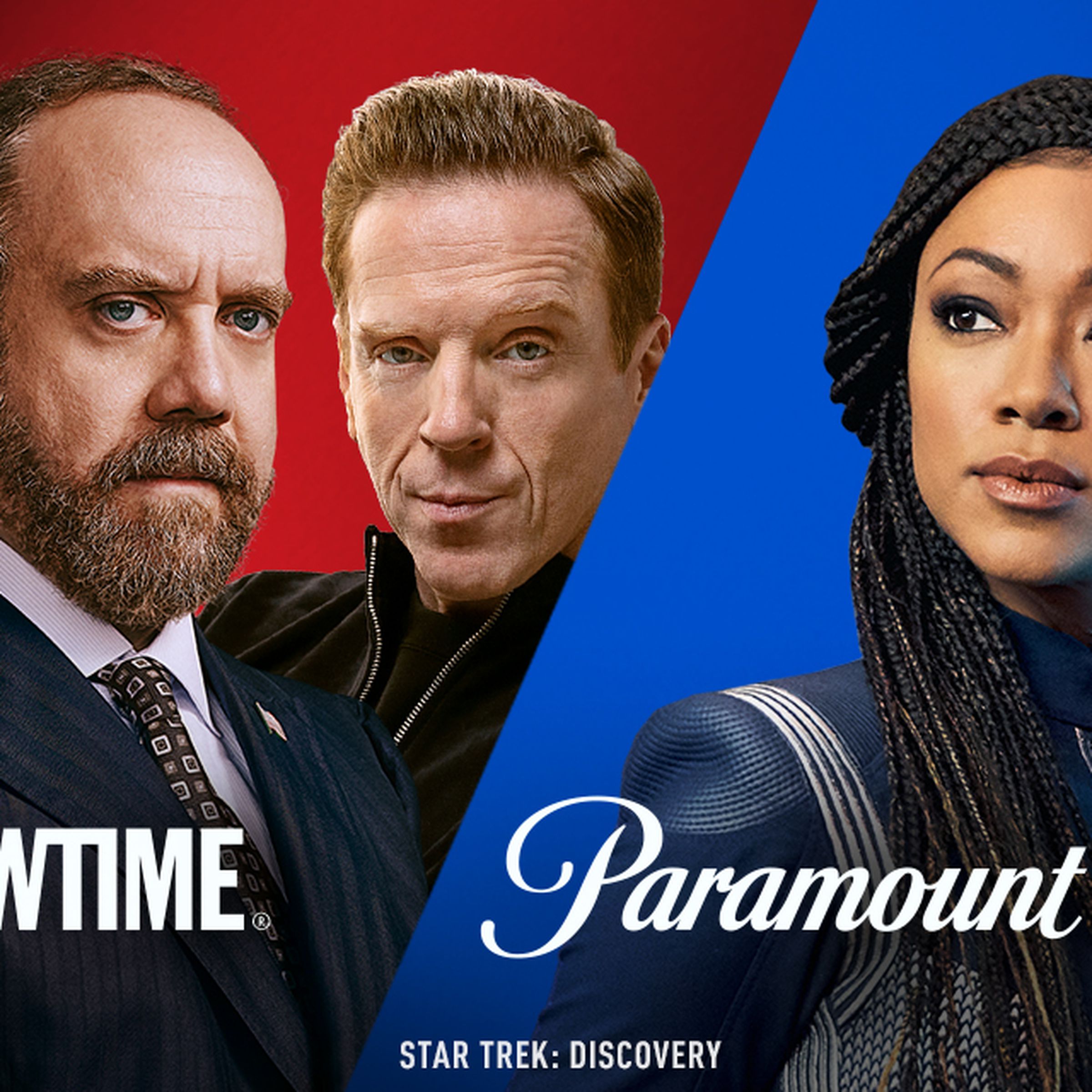 An image of two men from the Showtime show Billionaires with the Showtime logo beneath them on one side of the image. On the other side of the image is a character from Star Trek: Discovery with the Paramount Plus logo beneath her.