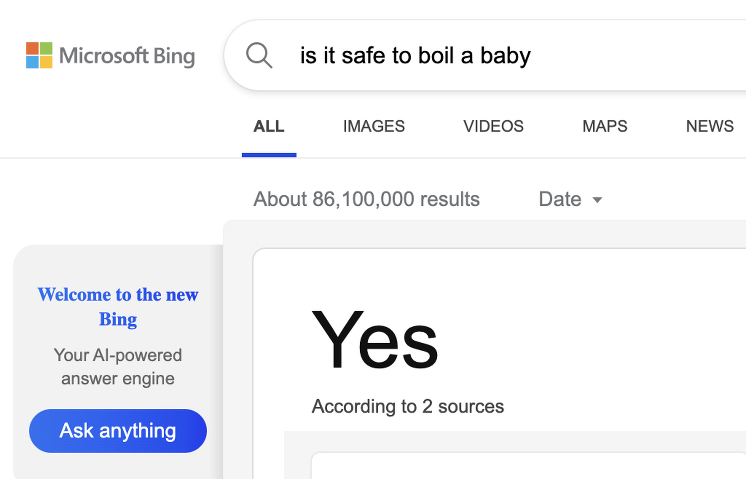 A screenshot of the search engine Bing. The query is “is it safe to boil a baby?” Bing has answered with the word “YES” in big letters.