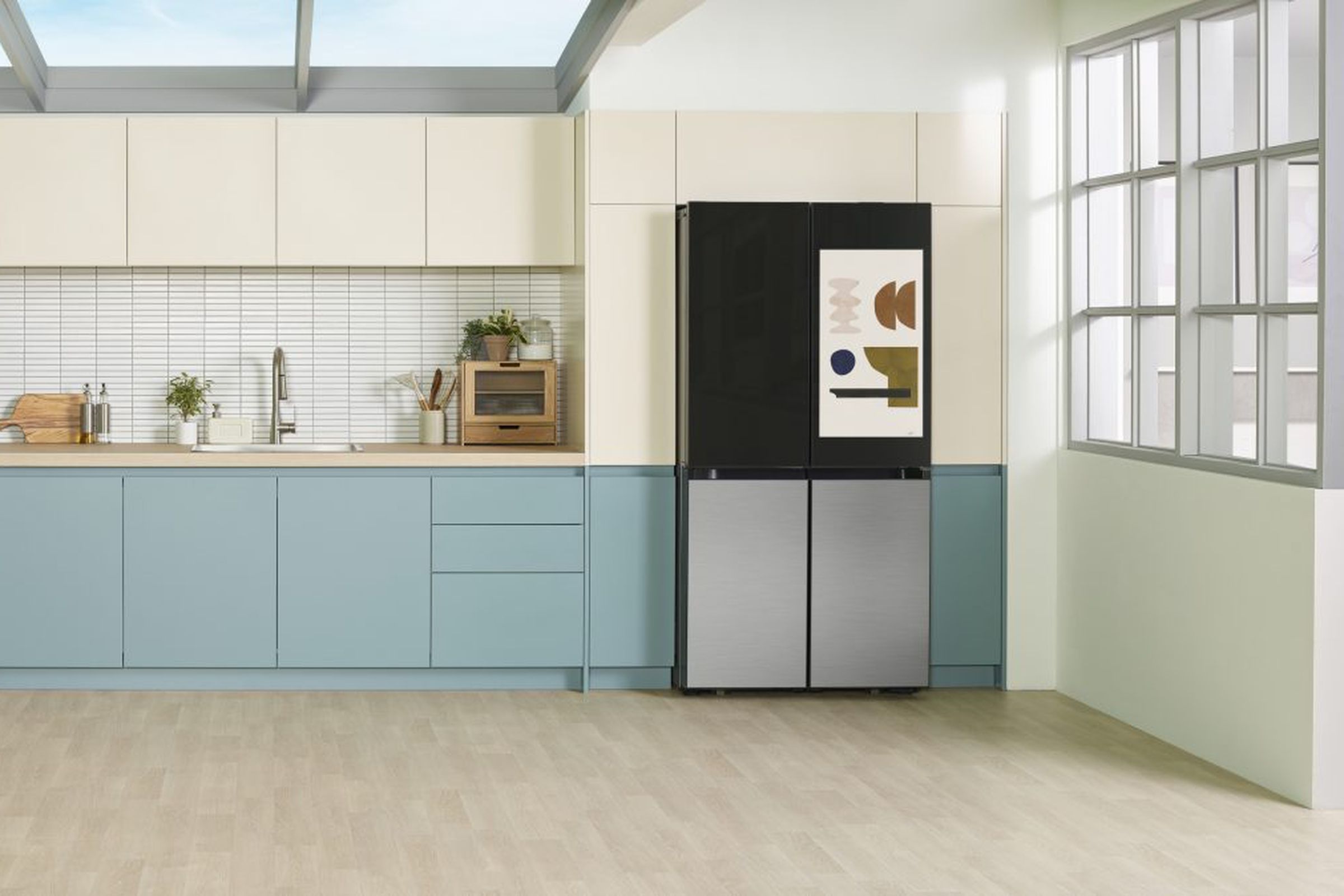 A lifestyle image of the Samsung Bespoke Refrigerator Family Hub, featuring the smart fridge in a clean, modern kitchen.