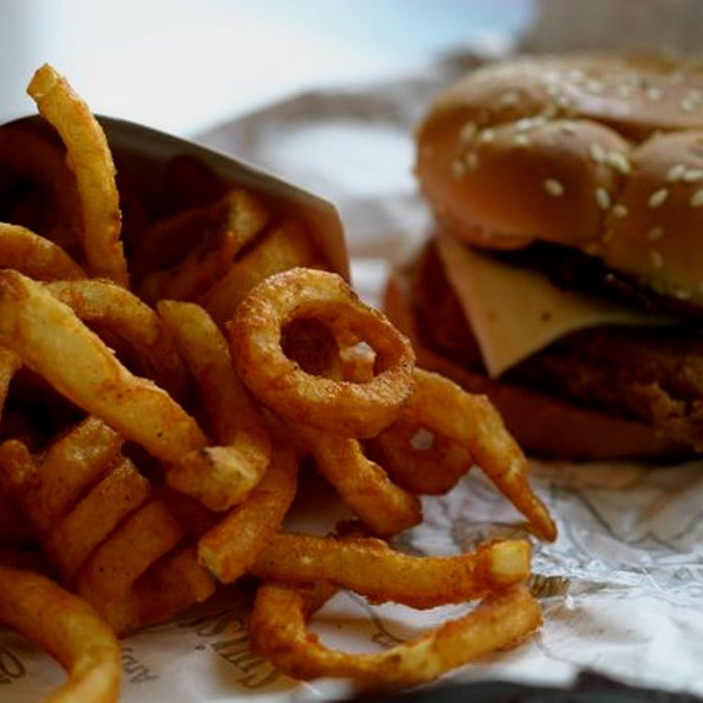 Burger and curly fries