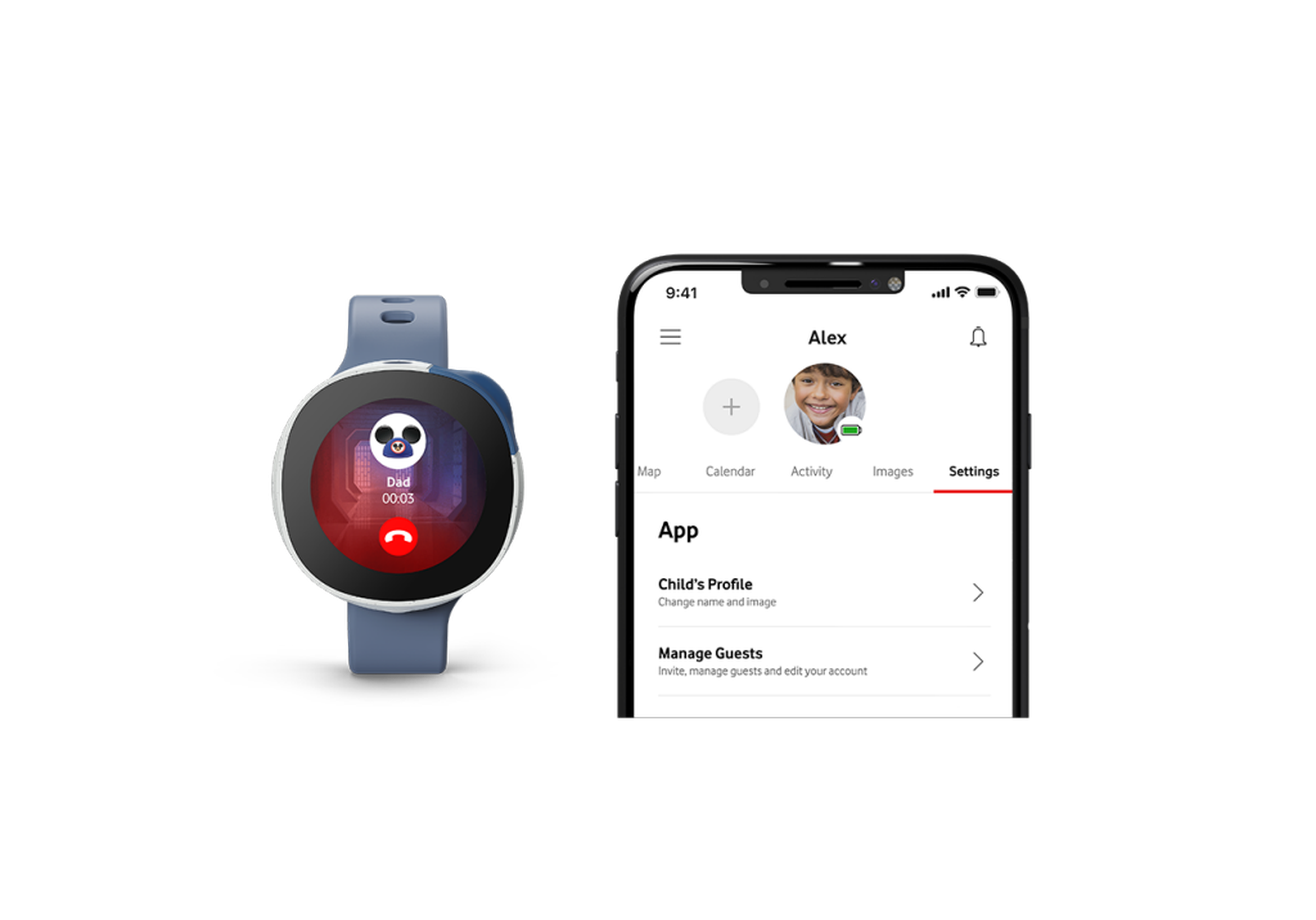 An example of the Neo smartwatch with the Vodafone Smart app for controlling privacy settings.