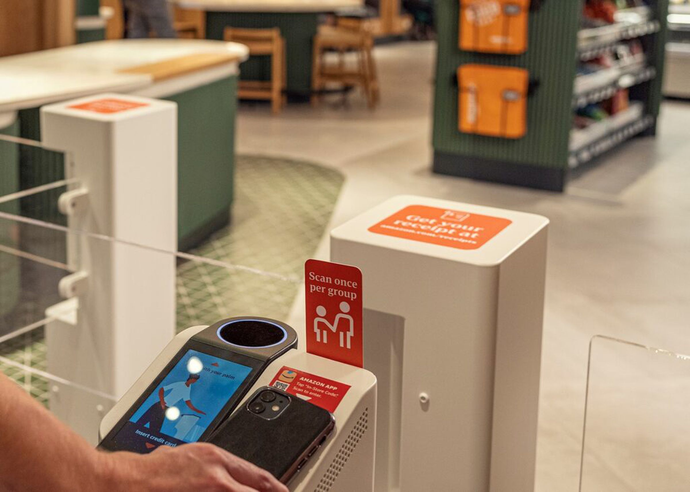 A scanner at the Starbucks Pickup with Amazon Go store lets you enter payment information