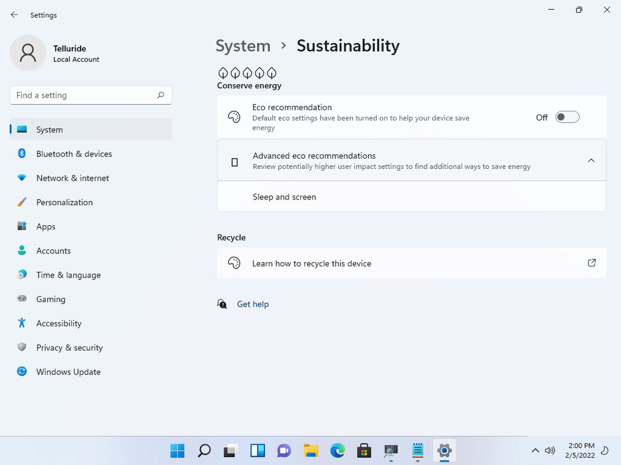 A new sustainability settings section.