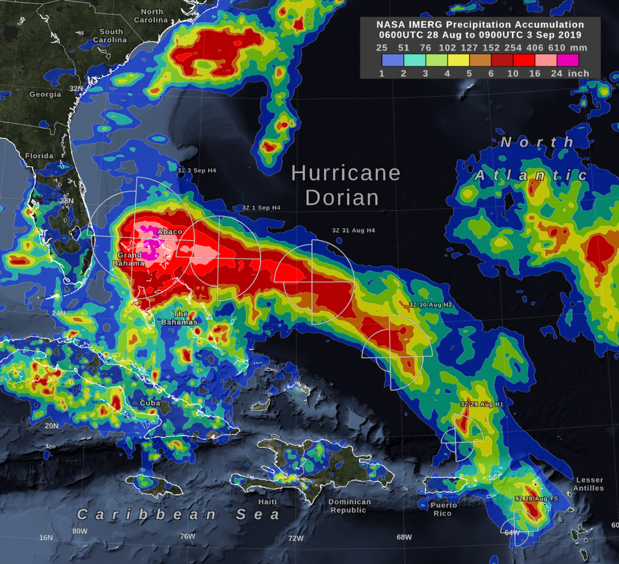 NASA estimates of rainfall from Dorian between August 28th and September 3rd.