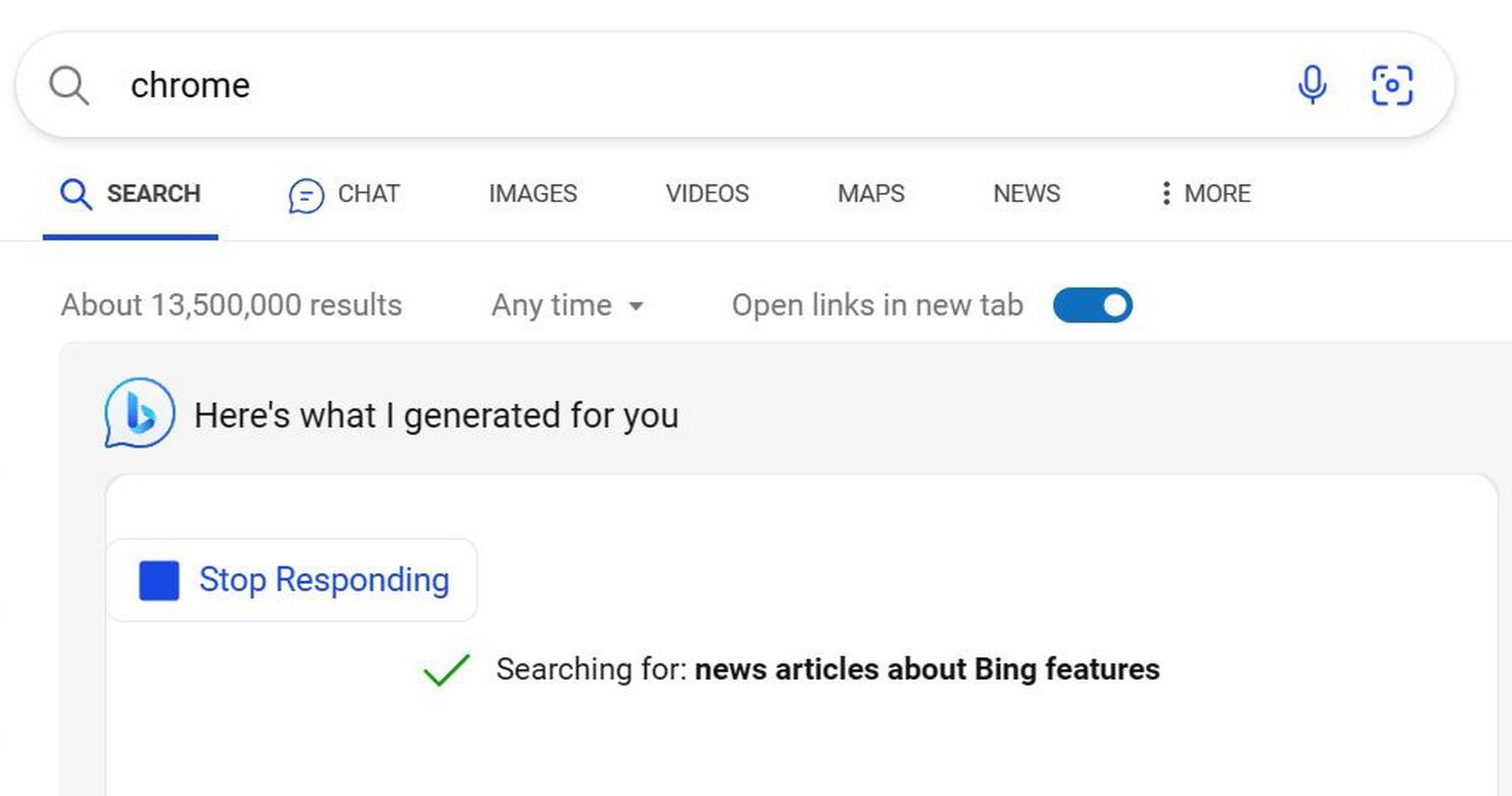 Search query: “Chrome.” Search result: “news articles about Bing features.”