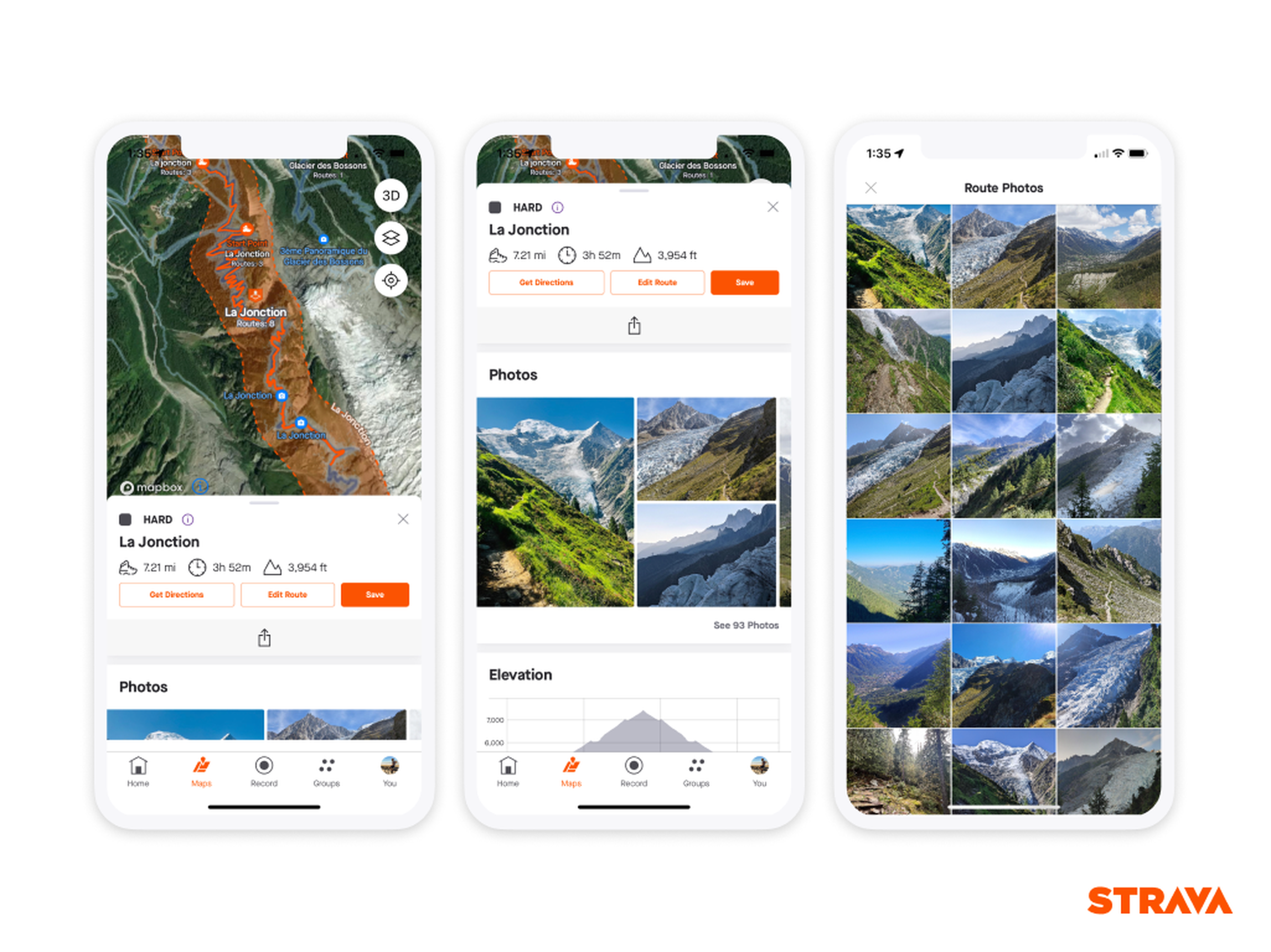 Strava render showing three different views of the photos shown in the recommended routes feature.
