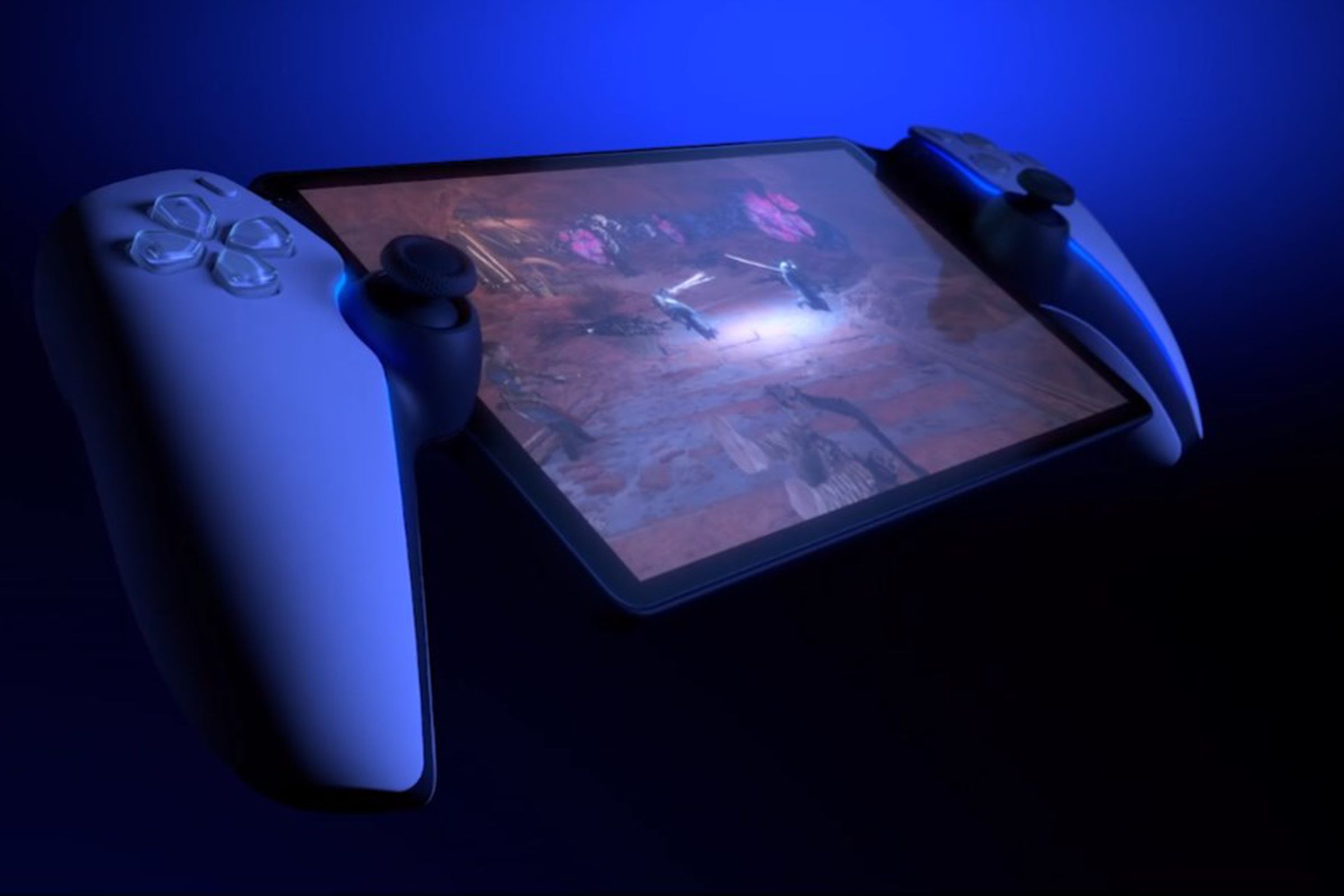 It looks like a DualSense PS5 controller with a big screen in the middle.