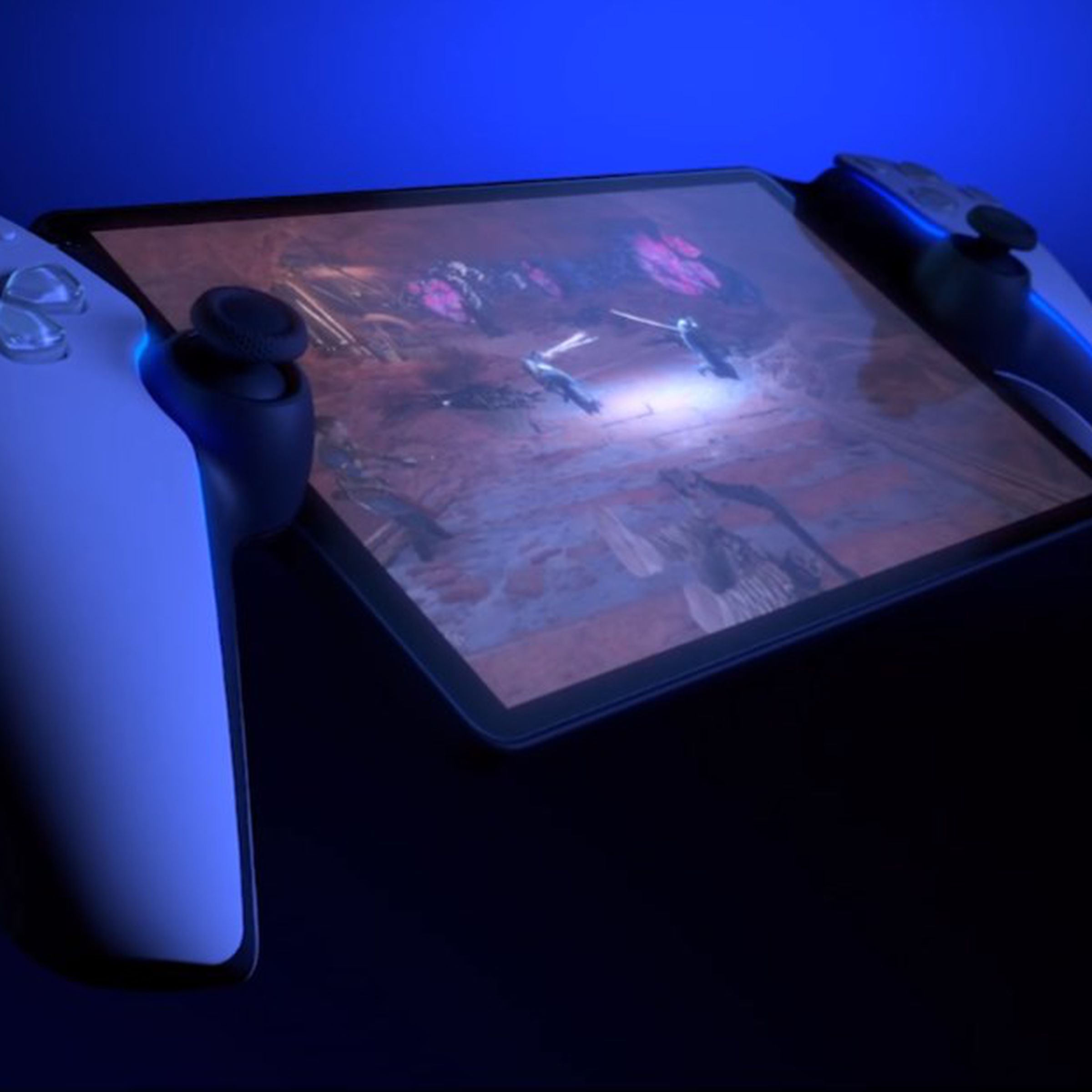 It looks like a DualSense PS5 controller with a big screen in the middle.
