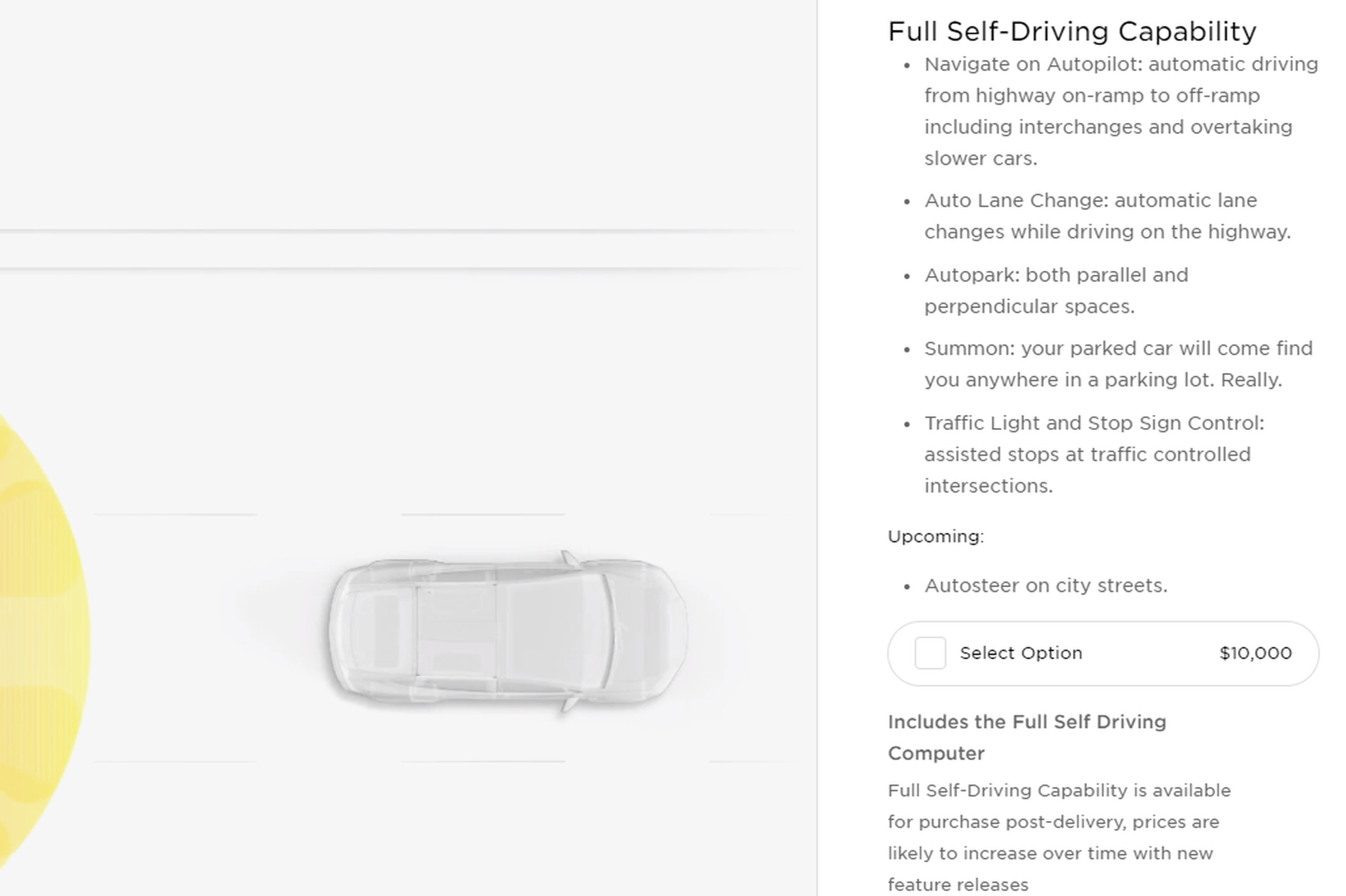 Tesla’s website, showing the Full Self-Driving option at its new $10,000 price point.