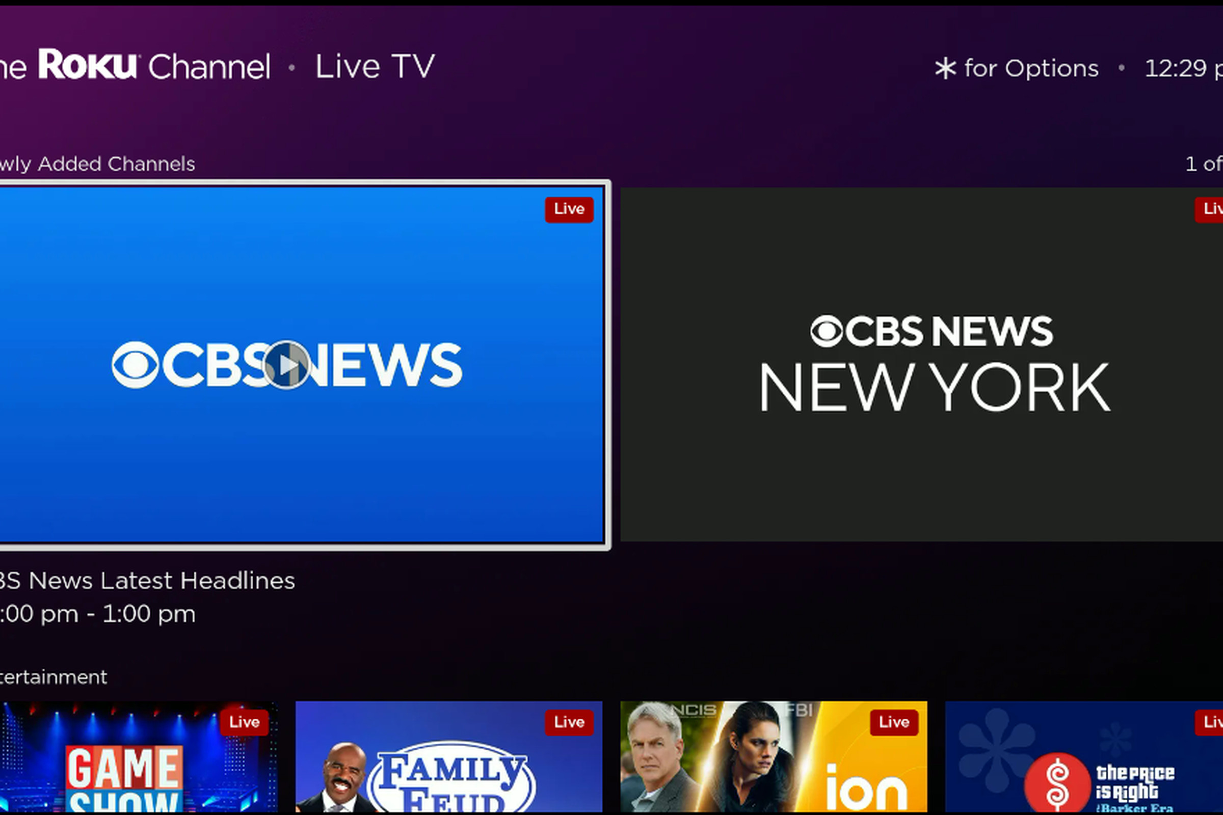 An image of the Roku Channels UI with prominent blocks for live news from CBS.