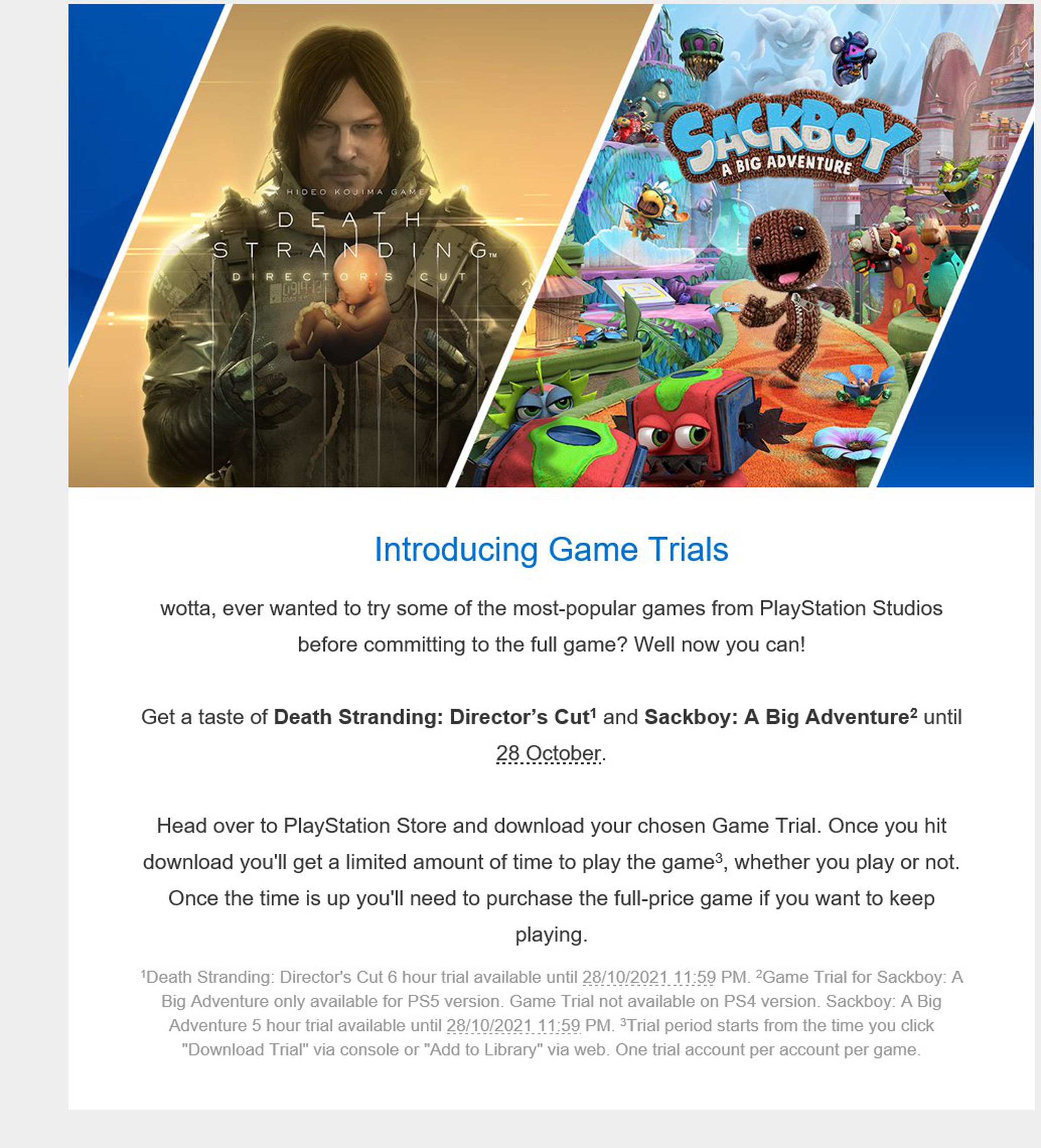 Sony’s email announcing the availability of game trials.