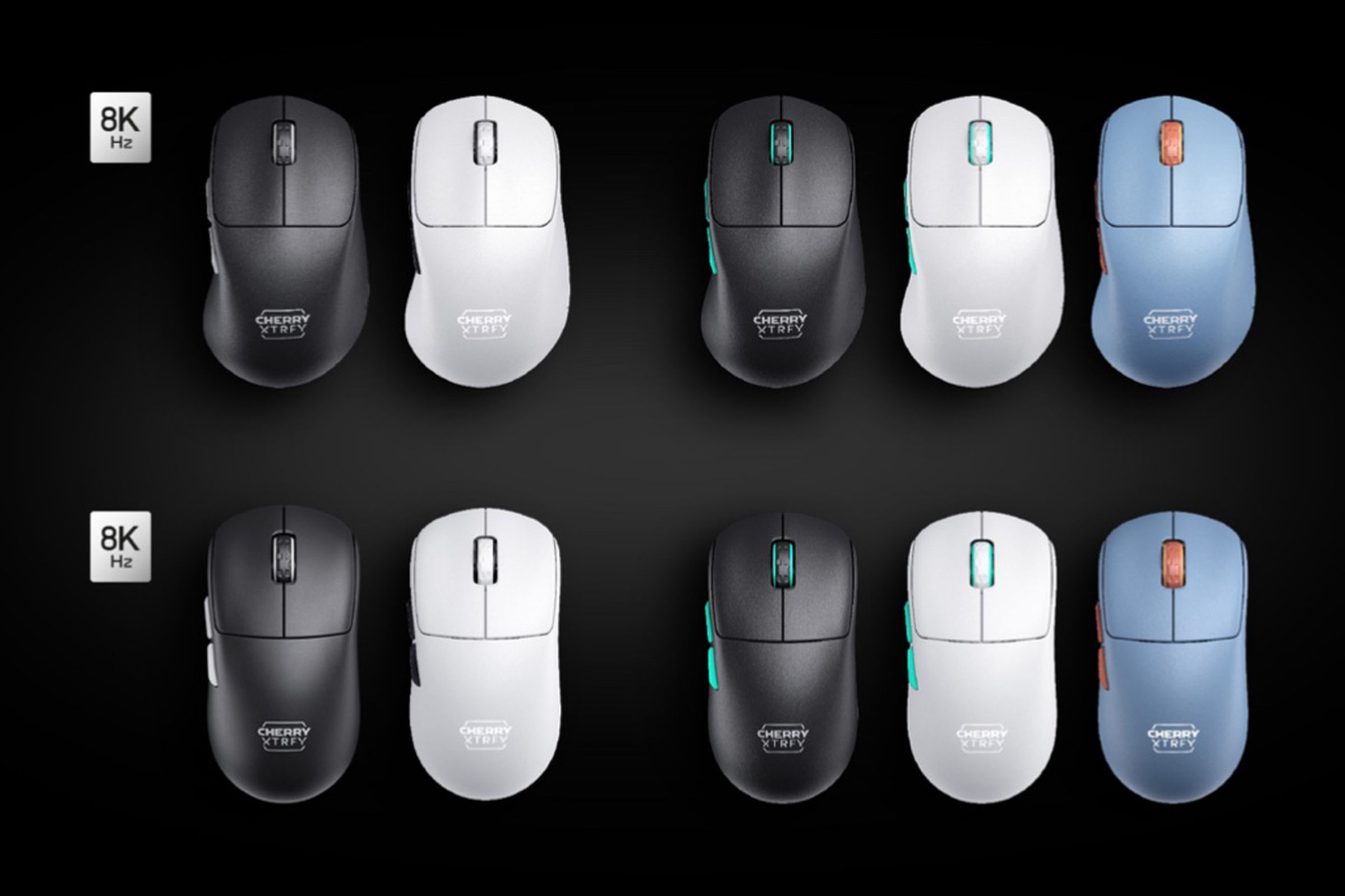 New Cherry mice in black, white, and blue.