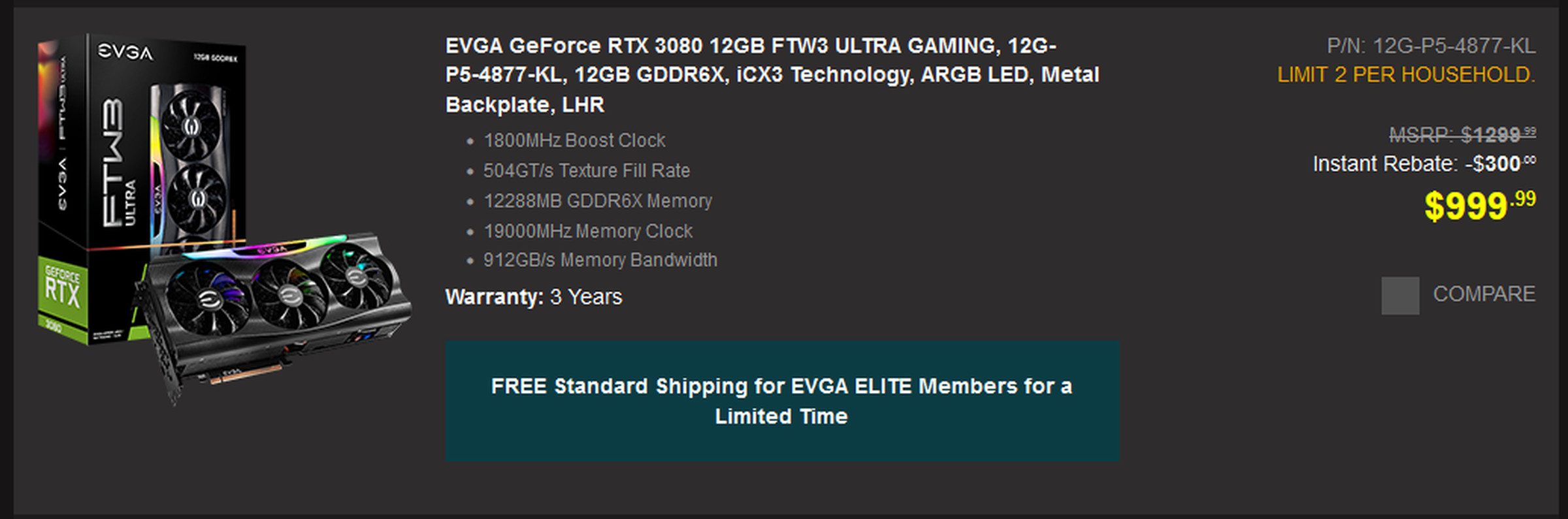 EVGA’s “instant rebate” brings the RTX 3080 12GB down to $1,000, but that’s just the going rate now.